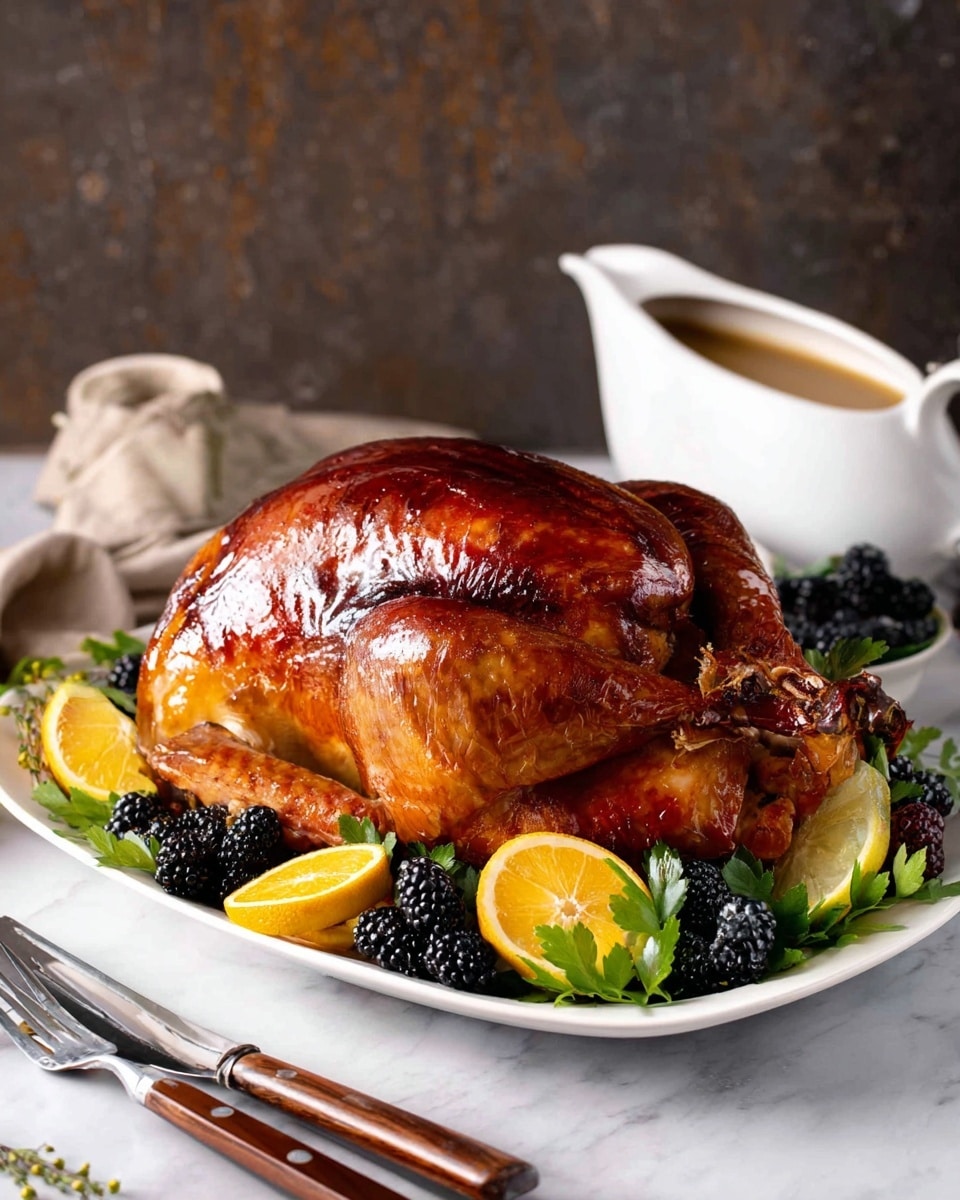 A whole roasted chicken with shiny golden-brown skin sits in the center of a white plate, showing its crispy and smooth texture. Around the chicken are layers of lemon and orange wedges, blackberries, and fresh green herbs, adding bright yellow, orange, deep purple, and green colors around it. Behind the plate on a white marbled surface, there is a white gravy boat filled with brown sauce, and a wooden-handled knife and fork lie in front of the plate. The scene captures a warm, inviting feel. photo taken with an iphone --ar 4:5 --v 7