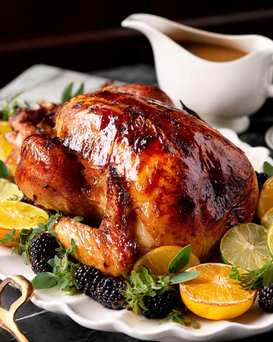 A whole roasted chicken with a shiny, deep golden brown skin sits in the center of a white plate. Around the chicken, there are lemon and orange wedges with dark blackberries placed between them. Small green herbs and leaves are scattered around the edges, adding fresh contrast. In the background, there is a white gravy boat with a light brown sauce, all set on a white marbled surface. photo taken with an iphone --ar 4:5 --v 7