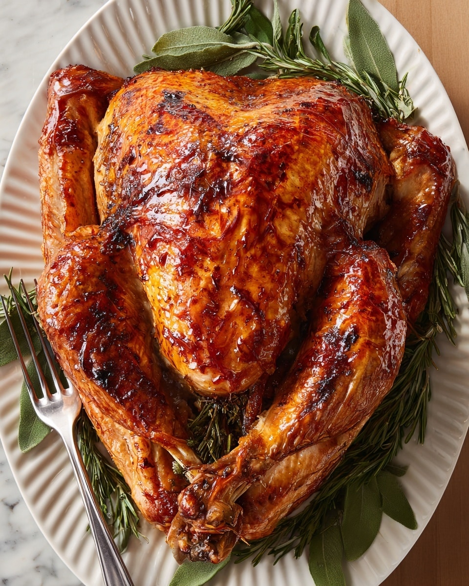 A whole roasted turkey with golden brown, crispy skin takes up most of the image, lying on a white plate. Around the turkey, there are slices of orange and lemon with bright green sage leaves and a whole head of roasted garlic. Inside the turkey cavity, fresh green rosemary sprigs peek out. The white plate rests on a white marbled surface. photo taken with an iphone --ar 4:5 --v 7