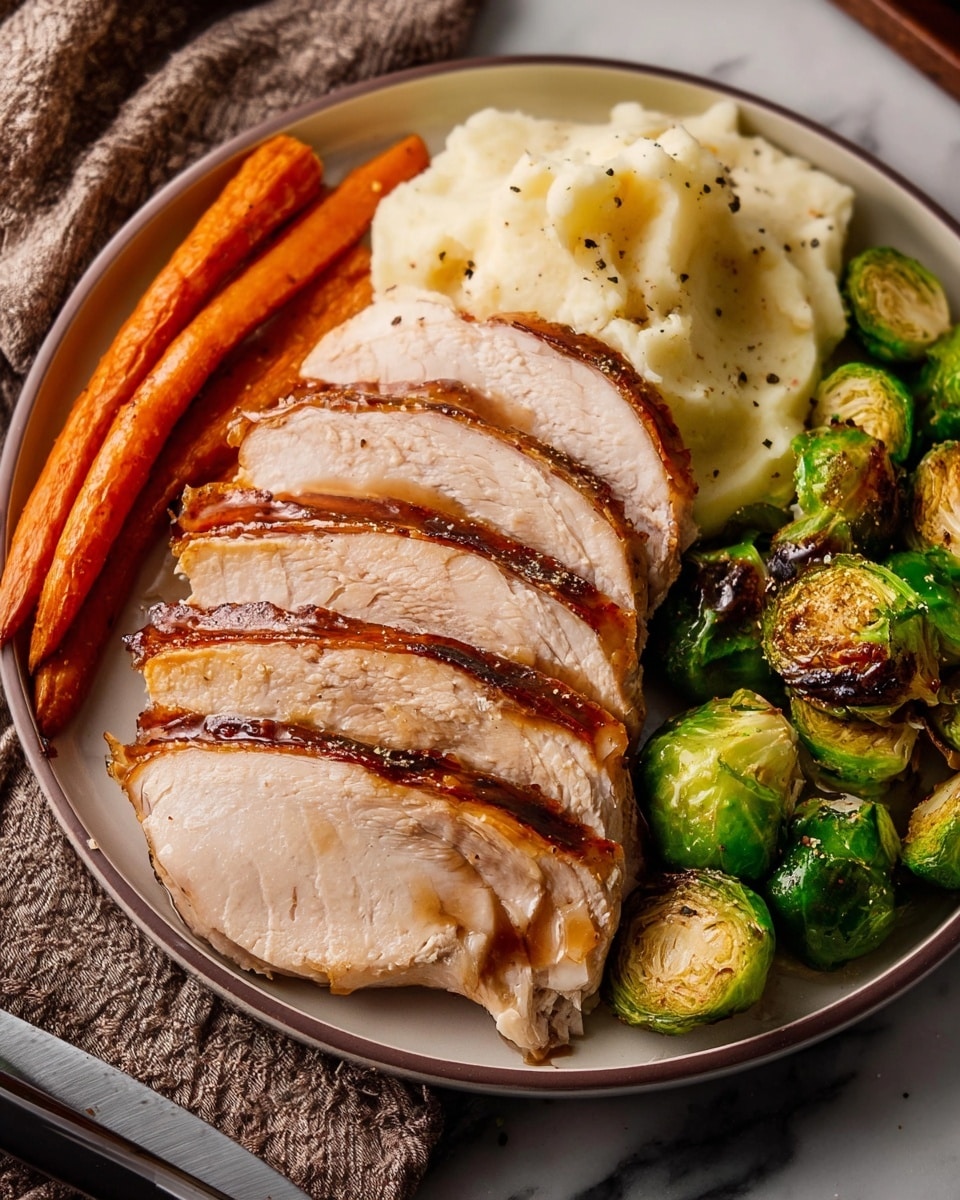 The image shows a lightly browned roasted meat on a wooden board, sliced into six even pieces in the foreground with the larger unsliced portion in the background. The meat has a textured crust with visible herbs and spices on the outside, while the inside is pale and smooth. In the background, there are silver utensils and fresh green herbs, adding a natural touch. The surface beneath the board has been changed to a white marbled texture. Photo taken with an iphone --ar 4:5 --v 7