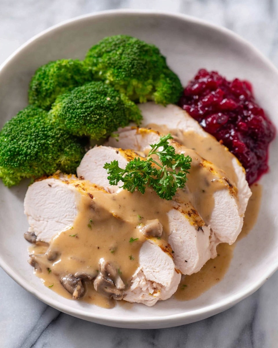 A white plate on a white marbled surface holds a meal with three main parts: on the left side, bright green broccoli florets with a bumpy texture, next to that, several slices of pale, light-colored cooked turkey arranged in layers, covered with a thick, smooth, light brown gravy with small bits, and on the right side of the turkey slices, a small pile of bright red cranberry sauce with a slightly chunky texture. A sprig of fresh green parsley sits above the turkey near the broccoli. Photo taken with an iphone --ar 4:5 --v 7