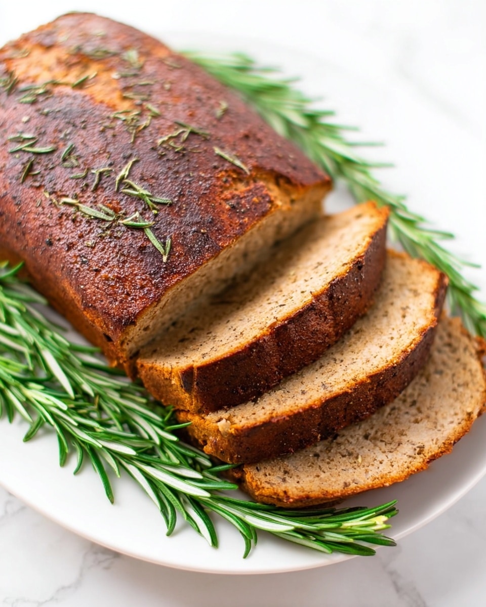 A golden brown loaf with a dark, slightly crispy outer layer sprinkled with green herbs on top is shown on a white marbled surface. Three slices from the loaf lie flat in front, showing a light tan inside with a smooth, moist texture. Green rosemary sprigs frame the loaf from the sides, adding a fresh touch to the simple presentation. photo taken with an iphone --ar 4:5 --v 7