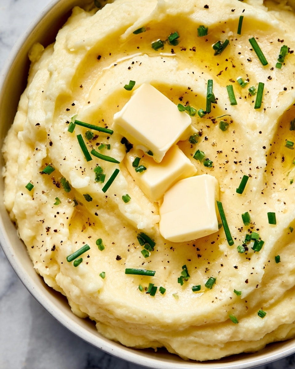A close-up view of creamy mashed potatoes in a white bowl, with three square pats of melting butter on top, their smooth yellow surfaces slowly blending into the mash. The mashed potatoes are pale, soft, and fluffy with swirled, textured peaks. Green chopped chives are scattered across the top, adding freshness and small pops of color, along with a few sprinkles of black pepper. The overall look is rich and inviting with a mix of smooth and slightly rough textures, all set against a white marbled surface. Photo taken with an iphone --ar 4:5 --v 7