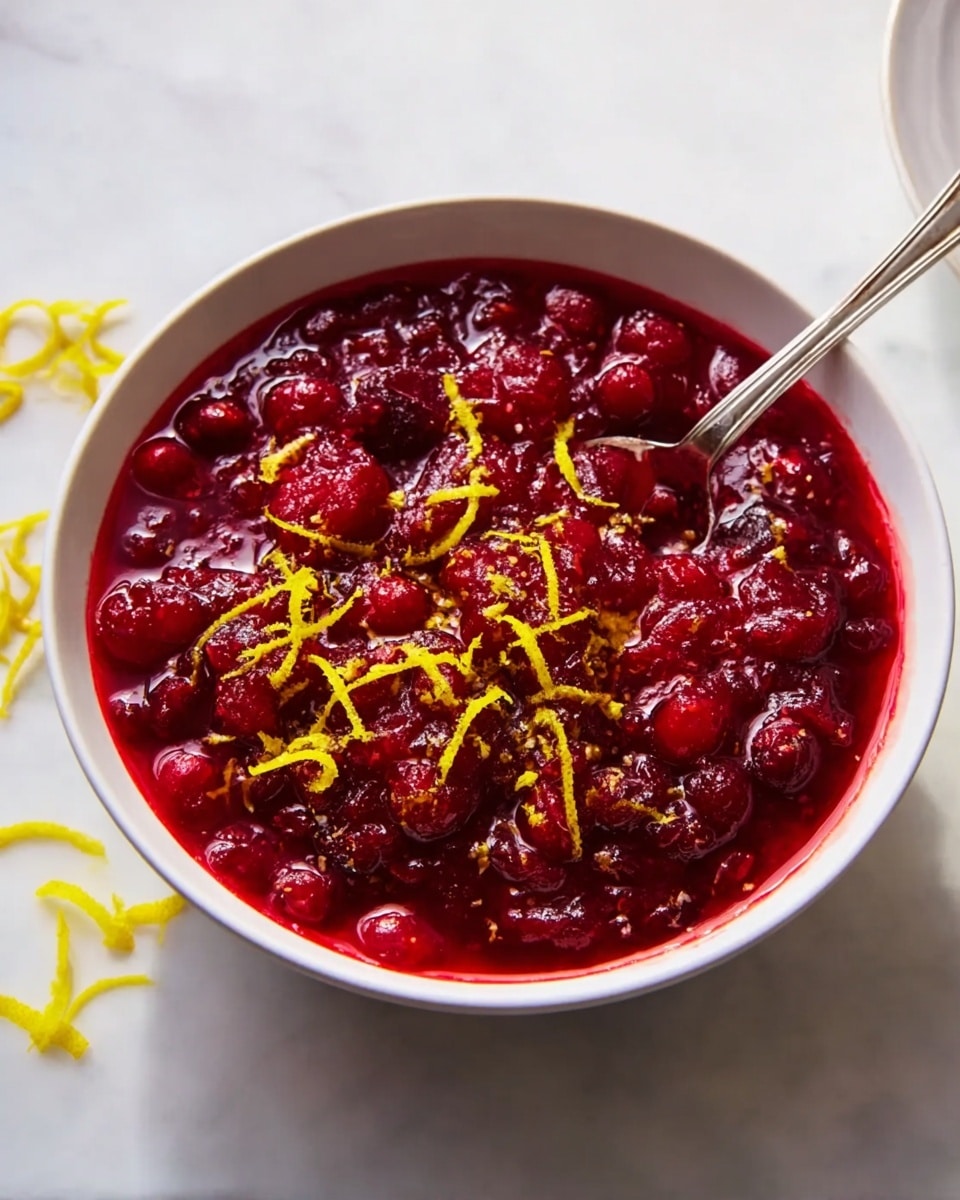 A white bowl filled with a glossy, deep red berry sauce featuring whole and slightly crushed round red berries. The sauce has a thick texture with a glistening surface, topped with thin, curly bright yellow zest strips evenly scattered on top. A silver spoon is placed in the bowl on the left side, with a few strands of zest scattered around the bowl on a white marbled surface. Photo taken with an iphone --ar 4:5 --v 7