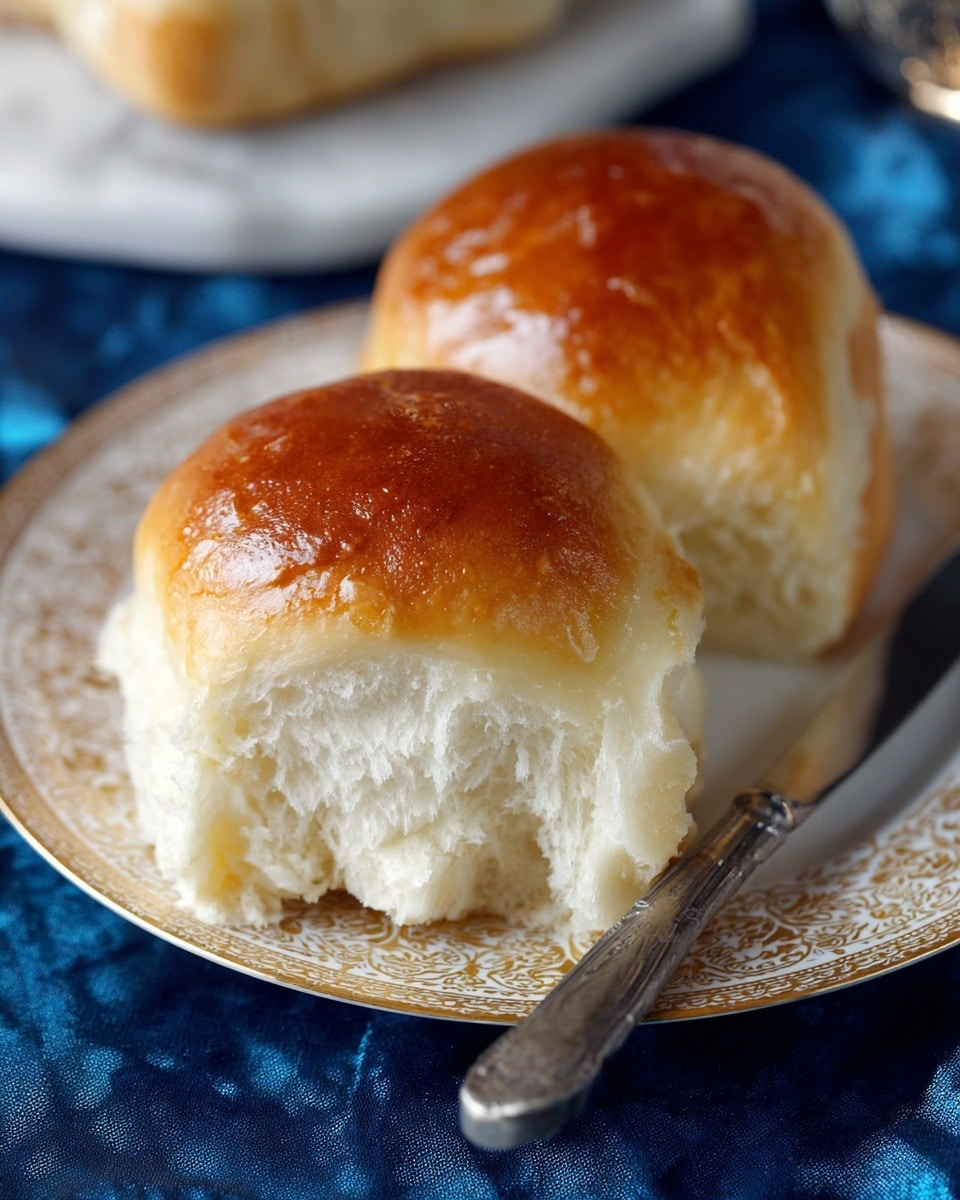 The image shows two soft bread rolls on a white plate with a gold decorative pattern. Each roll has a smooth, shiny, golden-brown top layer and a fluffy, light beige inside layer, which looks airy and soft. One roll is whole, and the other shows a piece taken out, revealing its fluffy texture. The plate is set on a white marbled surface with a blue cloth underneath, and part of a silver knife and a small golden spoon are also visible near the plate. photo taken with an iphone --ar 4:5 --v 7