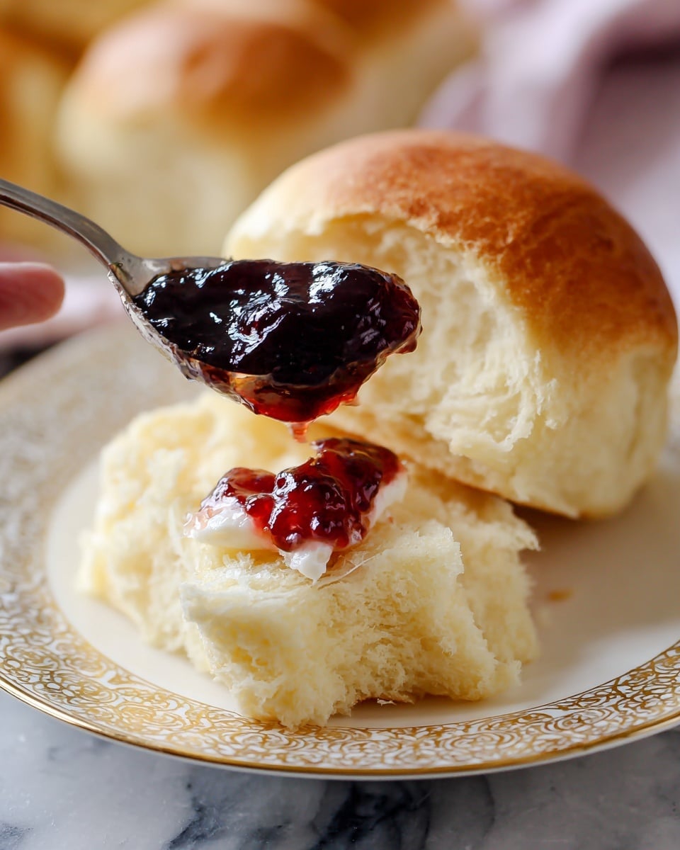 The image shows a close-up of a soft, light yellow biscuit torn into pieces on a white plate with a gold pattern. A spoon is placing dark red jam on one torn piece, which also has a small smear of white butter beneath the jam. Behind the torn biscuit is a whole biscuit with a golden brown top. The scene is set on a white marbled surface with a blurred background. photo taken with an iphone --ar 4:5 --v 7