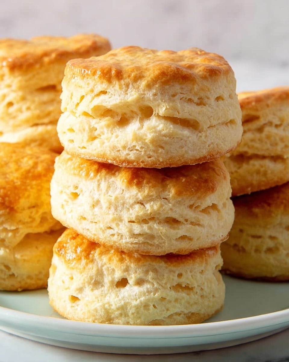 A close-up view of a stack of golden brown biscuits, each biscuit showing multiple soft, fluffy layers with a slightly rough texture. The biscuits have a warm color gradient from light golden on top to a lighter cream shade inside the layers. They are arranged on a white plate, with three biscuits stacked on top and several others partially visible around the base. The background is a white marbled surface, adding a clean and simple contrast to the warm biscuit tones. Photo taken with an iphone --ar 4:5 --v 7