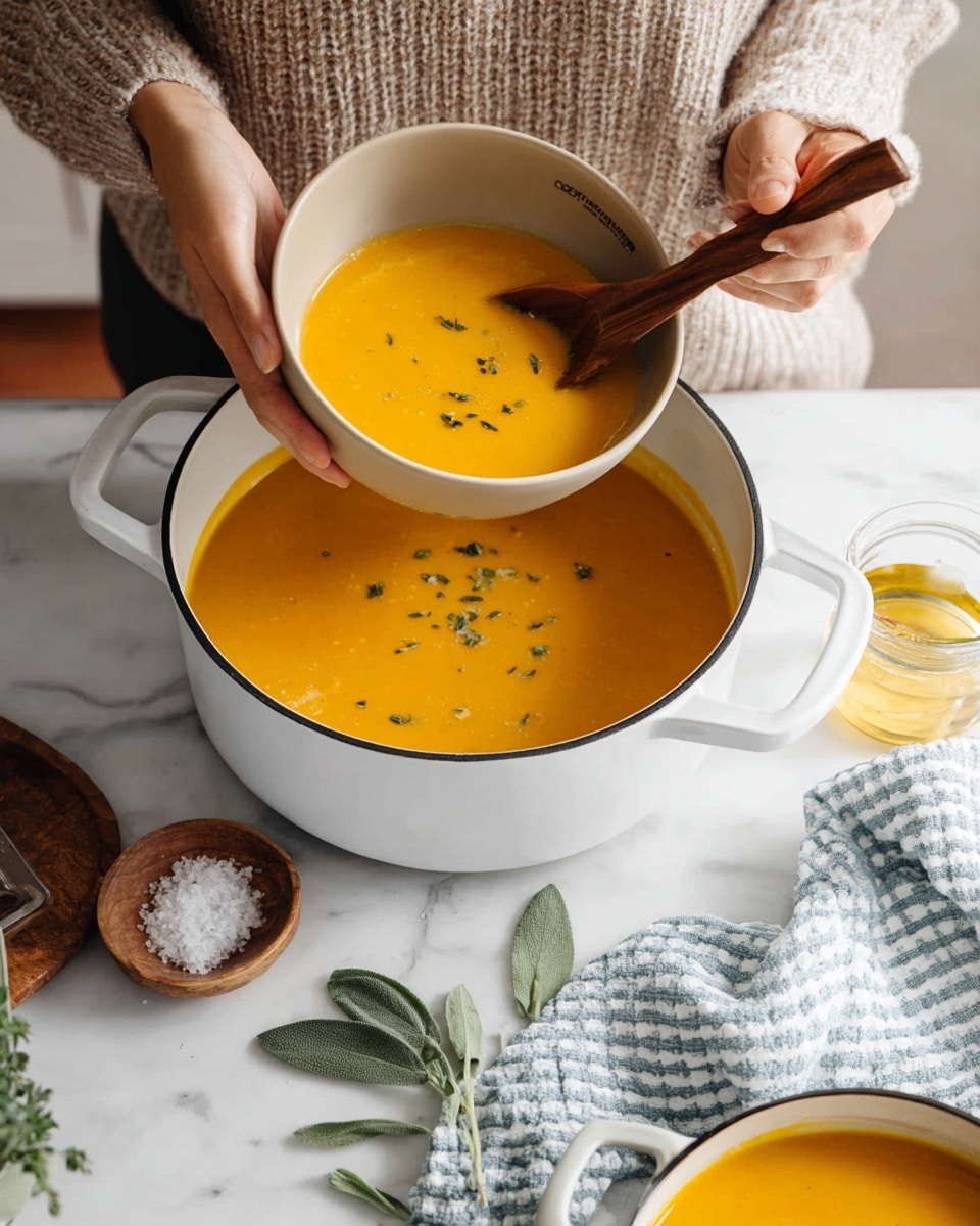 A thick orange soup with a smooth texture is being ladled from a white pot into a gray bowl. The soup has small green herb pieces scattered on top, adding specks of color. The white pot sits on a white marbled surface next to a blue checked cloth, green sage leaves, a small wooden bowl with white salt, a glass bottle of oil, and a wooden pepper grinder. A woman's hand holds the bowl while the other woman’s hand holds a wooden-handled ladle, both against a light gray textured sweater background. photo taken with an iphone --ar 4:5 --v 7