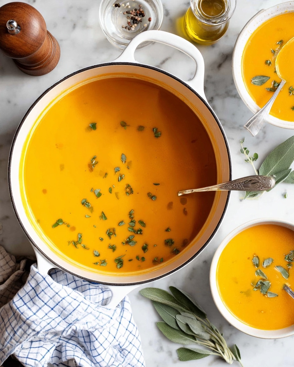 The image shows a round white pot filled with bright orange soup, topped with small green herb pieces scattered on the surface. Next to the pot, a white bowl with a silver spoon also contains the same soup garnished with some green herbs. Both the pot and bowl sit on a white marbled surface. Around them are a beige and blue checkered cloth, two silver spoons, green sage leaves, a small glass jar filled with yellow liquid, and a light wooden pepper grinder. The soup has a smooth texture with a few small bubbles near the center. Photo taken with an iphone --ar 4:5 --v 7
