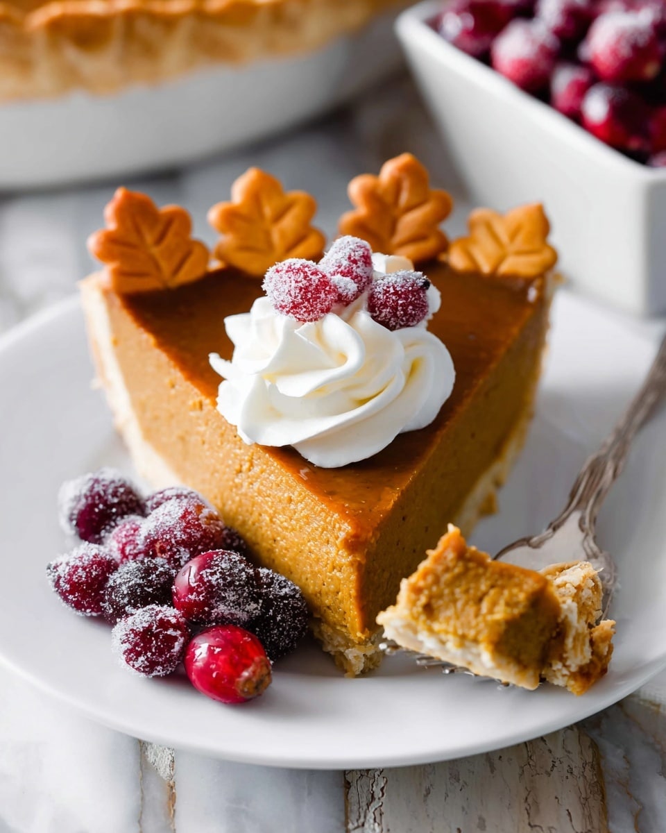 A slice of pumpkin pie sits on a white plate, showing two main layers: a light, flaky pale crust at the bottom and a thick, smooth orange pumpkin filling above it. The top edge of the pie is decorated with three small, brown leaf-shaped pastry pieces. A small white dollop of whipped cream rests in the center on top of the pumpkin layer. Around the pie slice on the plate, there are bright red cranberries covered lightly with sugar. To the right, a fork holds a small piece of the pie crust and filling. The plate is placed on a white marbled surface, and in the background, there is a white square bowl filled with sugared cranberries. Photo taken with an iphone --ar 4:5 --v 7