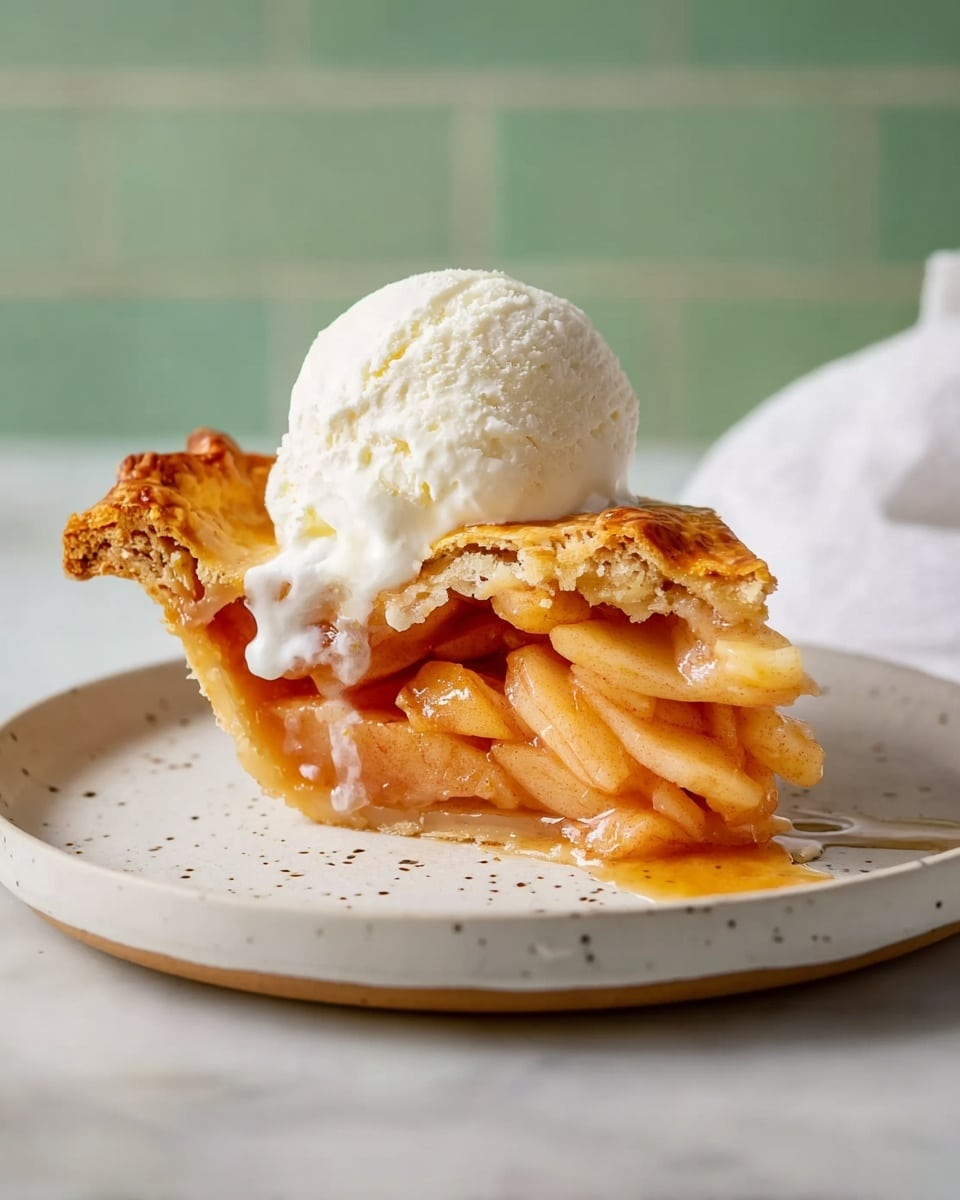 A single slice of apple pie sits in the center of a white plate on a white marbled surface. The pie has three clear layers: a golden brown top crust with a rough, flaky texture; a thick middle layer filled with soft, caramel-colored apple slices; and a bottom crust that is firm and slightly golden. On top of the pie slice is a smooth, round scoop of melting white ice cream, its creamy texture dripping down onto the pie. The background is softly blurred with soft green tiles and light wooden tones behind. photo taken with an iphone --ar 4:5 --v 7