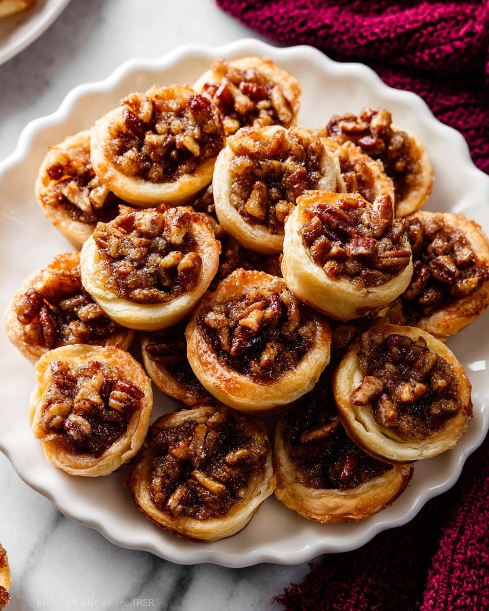 Several small tartlets are shown close up, each with two main layers: a light golden brown pastry crust forming the base with a slightly crumbly texture, and a top layer filled with glossy, dark caramelized nuts that have a rough, crunchy appearance. The nuts are coated in a thick, sticky syrup that holds them together and has a deep brown color with hints of cinnamon. The tartlets are topped with scattered granules of coarse white salt, adding contrast and texture. The tartlets sit on a white marbled surface, scattered with some salt crystals around them, giving a rustic and warm look. photo taken with an iphone --ar 4:5 --v 7