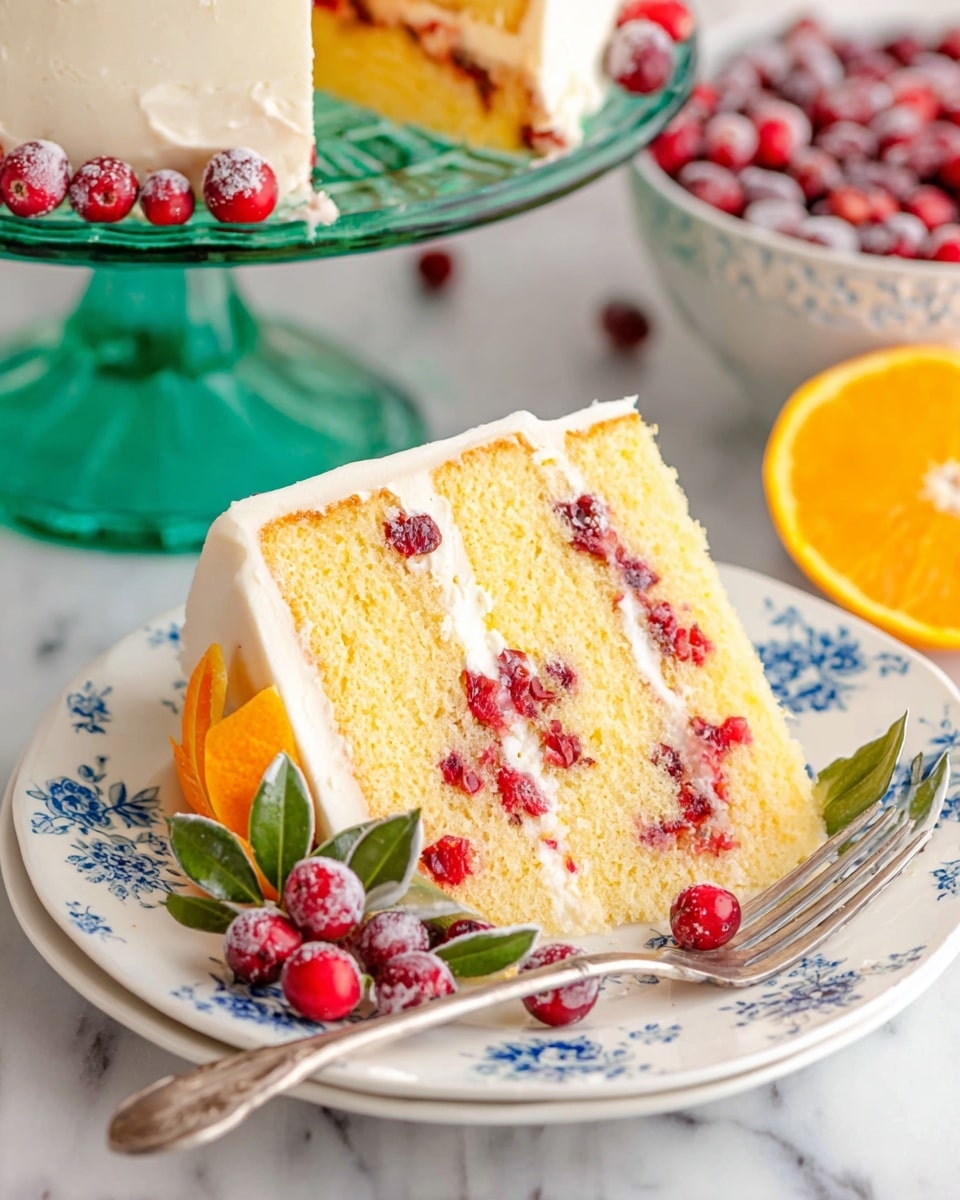 A slice of three-layer yellow cake with white frosting between each layer and on the outside sits on a white plate with blue floral designs. Bright red cranberries are embedded inside each cake layer, adding a pop of color. The slice is decorated with a small cluster of fresh cranberries and green leaves on the side, along with a small orange wedge. A silver fork rests beside the slice on the plate. In the background, part of a green glass cake stand holds the rest of the frosted cake, and a white bowl filled with more cranberries is visible. The whole scene is set on a white marbled surface. Photo taken with an iphone --ar 4:5 --v 7