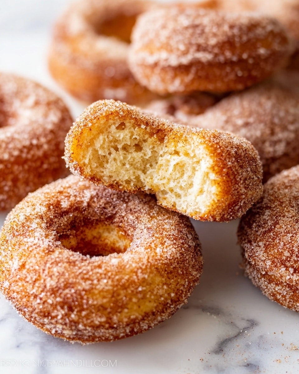 The image shows four round donuts stacked close together on a white marbled surface. Each donut is golden brown with a rough texture and is fully covered in a light layer of cinnamon sugar, giving a grainy look all over. The donuts have a clear hole in the center, and the sugar coating makes them look slightly sparkly. The lighting is bright, making the donuts look soft and fresh. photo taken with an iphone --ar 4:5 --v 7