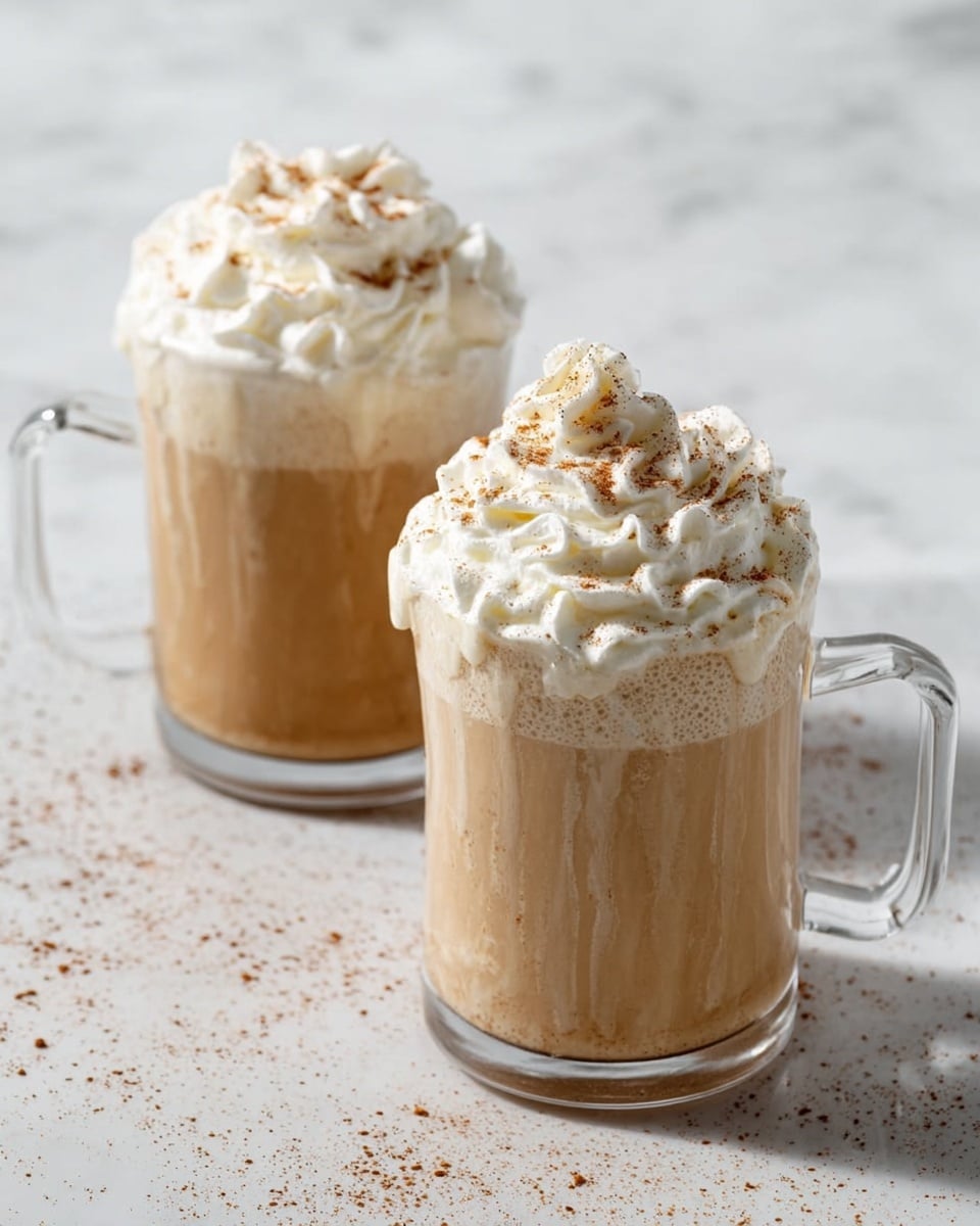 Two clear glass mugs are filled with a thick light brown drink topped with a large swirl of white whipped cream sprinkled with brown powder. Each mug shows the creamy drink slightly dripping down the outside near the bottom. The mugs are placed on a white marble surface scattered with some powder. The scene captures the rich texture and soft creaminess of the drink topped with fluffy whipped cream, inviting and cozy. photo taken with an iphone --ar 4:5 --v 7