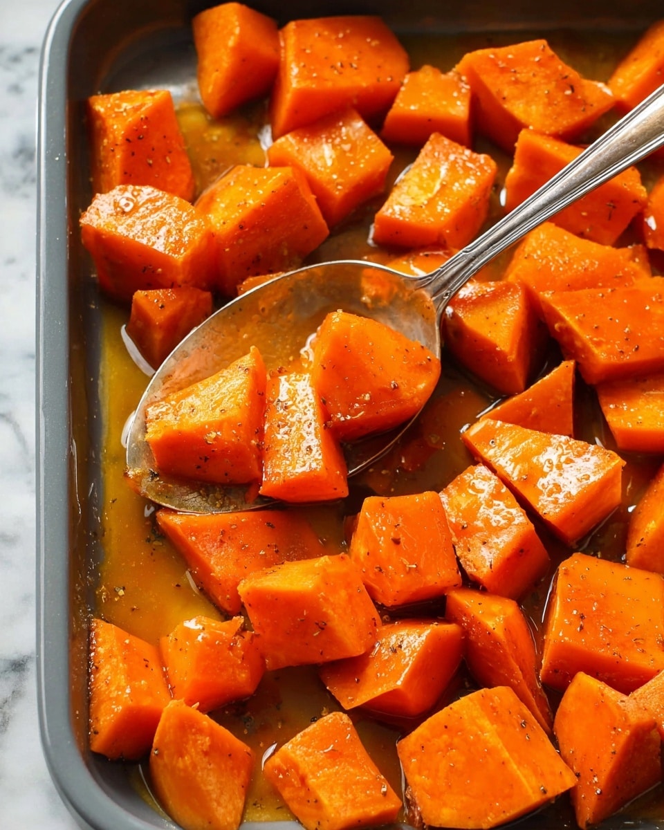 The image shows a close-up of chopped sweet potatoes in a white bowl. The sweet potato pieces are thick and irregularly shaped with a bright orange color and a glistening texture from a light coating of sauce or oil. The bowl is nearly full, with a silver spoon partially buried in the sweet potatoes near the bottom right. The background is a white marbled surface, adding a clean and simple backdrop to the rich orange tones of the sweet potatoes. Photo taken with an iphone --ar 4:5 --v 7