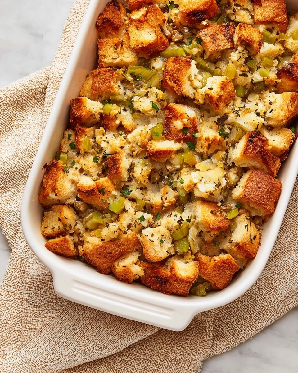 The image shows a white baking dish filled with a baked stuffing made of large chunks of golden-brown toasted bread on top, mixed with small pieces of light green celery and herbs spread throughout. The texture looks soft and slightly crispy on top, with bread pieces forming a rough, uneven layer. A wooden spatula lifts a portion, showing the inside with more bread cubes and green vegetable bits. The background has a white marbled texture, with a light cloth partially visible to the side. Photo taken with an iphone --ar 4:5 --v 7