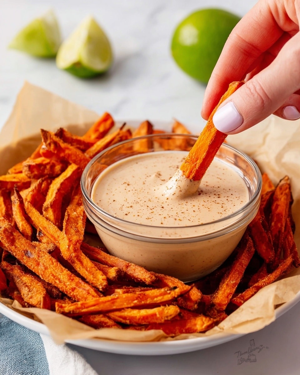 A clear glass bowl with three layers of sauce ingredients: a creamy white layer on the left, a dark red powder on the right, and some black seasoning sprinkled on top, all placed on a white marbled surface with a turquoise spatula nearby and a halved lime in the top left corner. Next to it, the same bowl shows the ingredients mixed into a smooth, light brown sauce with specks throughout, the turquoise spatula beside it, and sliced orange vegetable sticks on a wooden board in the top right. Below, the bowl is filled with the same light brown sauce centered on a white plate surrounded by crispy orange vegetable sticks with lime wedges on the side. In the last image, a woman's hand with painted white nails dips one of the orange sticks into the sauce in the bowl. Photo taken with an iphone --ar 4:5 --v 7