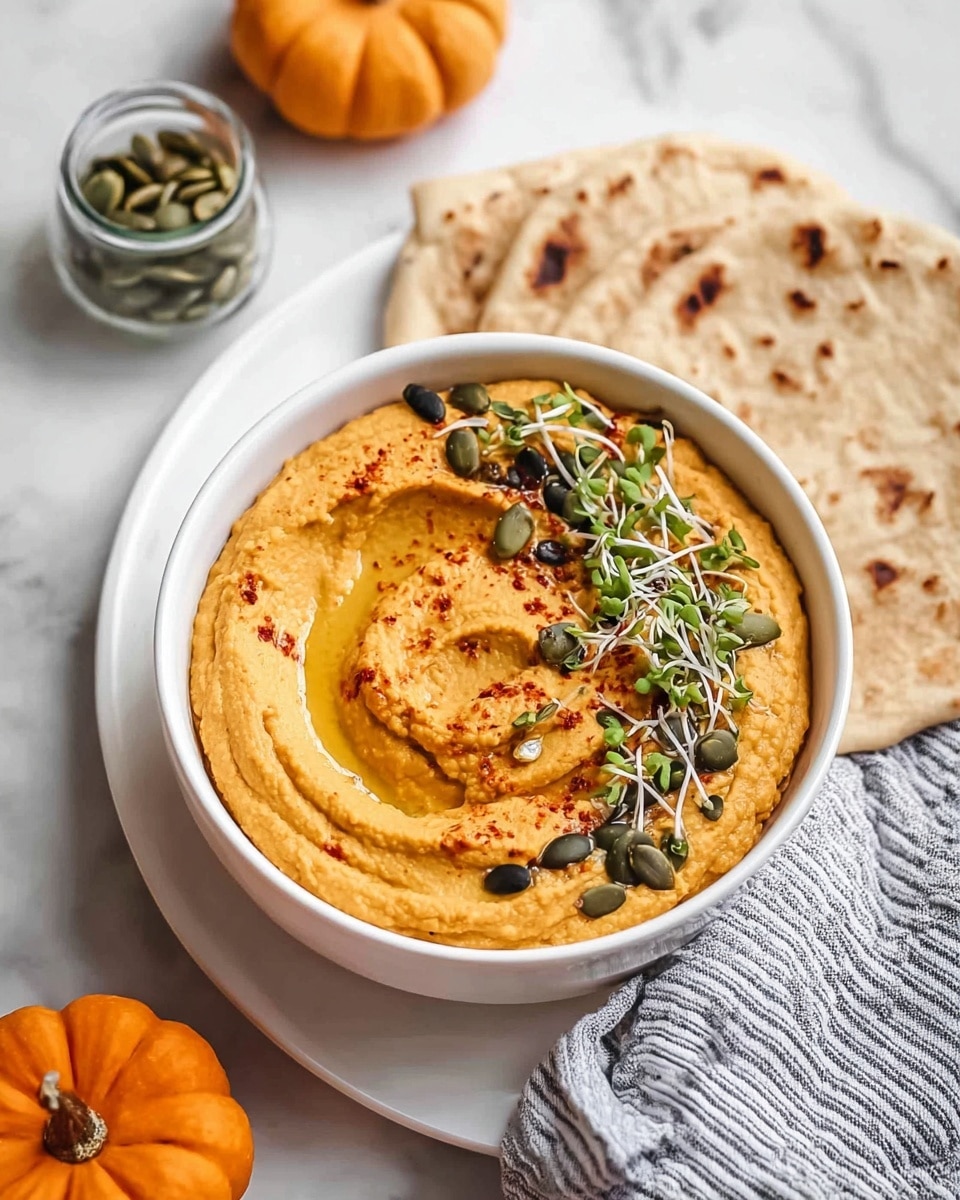 A white bowl filled with one thick layer of smooth, bright orange hummus, swirled with a shallow groove in the center holding a small pool of golden oil. On one side of the hummus, there is a sprinkling of dark green pumpkin seeds, small black seeds, and light green sprouts, with a dusting of red spice powder adding color contrast. The bowl rests on a white marbled surface, and to the upper left, there are three small triangular pieces of white flatbread with light brown spots stacked partly overlapping. A gray and white checkered cloth is visible on the right side of the frame. Photo taken with an iphone --ar 4:5 --v 7