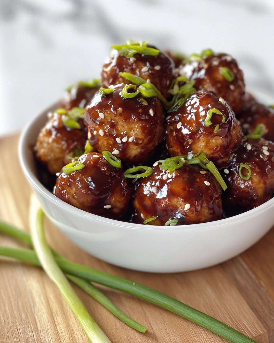 A white bowl filled with two layers of round meatballs covered in a shiny brown sauce, each meatball topped with white sesame seeds and small chopped green onions, placed on a light brown wooden board with two long green onion stalks resting beside it, all set on a white marbled surface, photo taken with an iphone --ar 4:5 --v 7