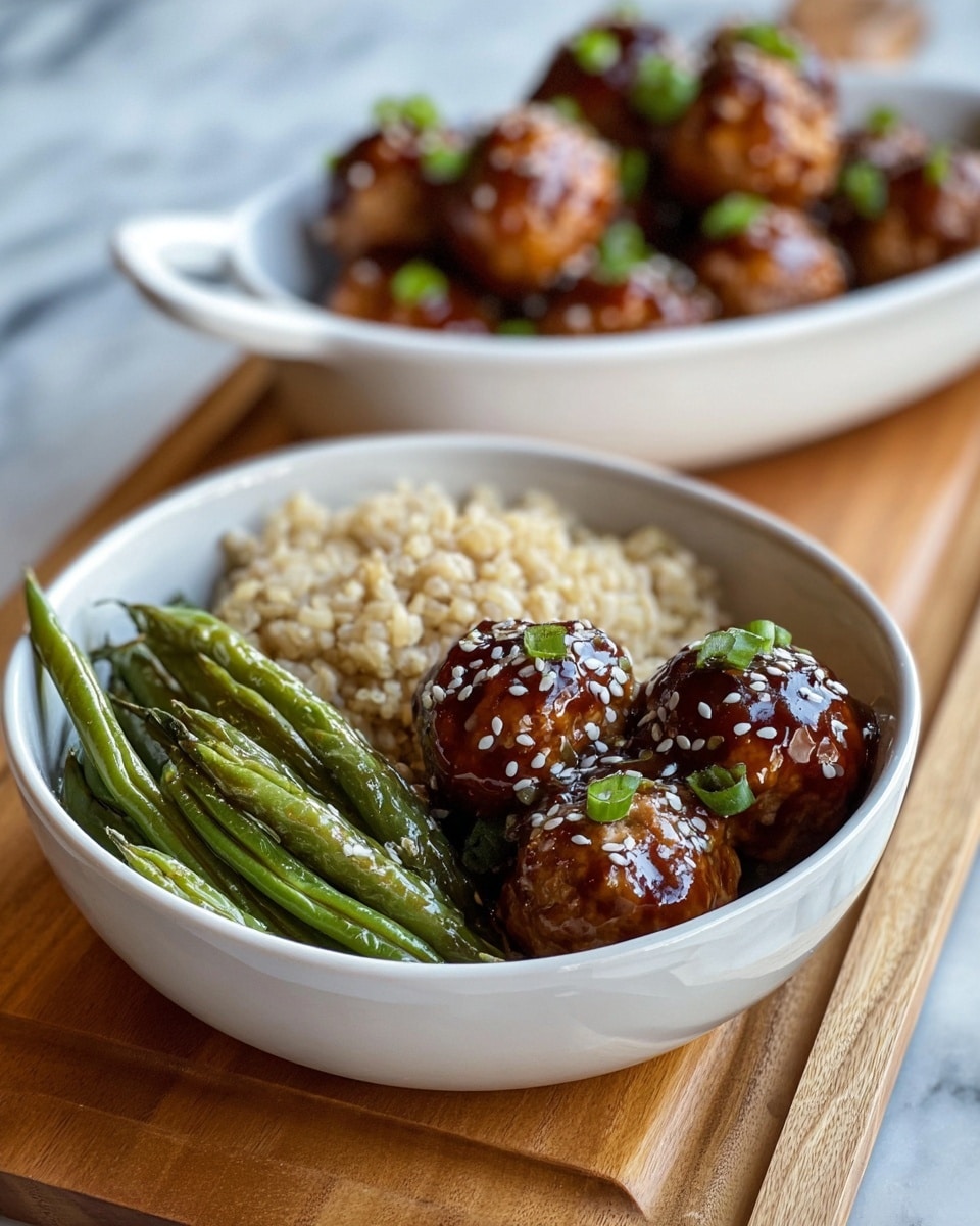 A white bowl shows three glossy brown meatballs with a sticky sauce topped with white sesame seeds and small green onion pieces on the right side. Next to the meatballs, on the left side of the bowl, there is a small pile of light brown rice at the bottom and several long green beans placed vertically above the rice. Behind this bowl, there is a white oval dish filled with more meatballs glazed with sauce and sprinkled with sesame seeds and green onions. Both dishes sit on a wooden board, with a white marbled surface in the background. Photo taken with an iphone --ar 4:5 --v 7