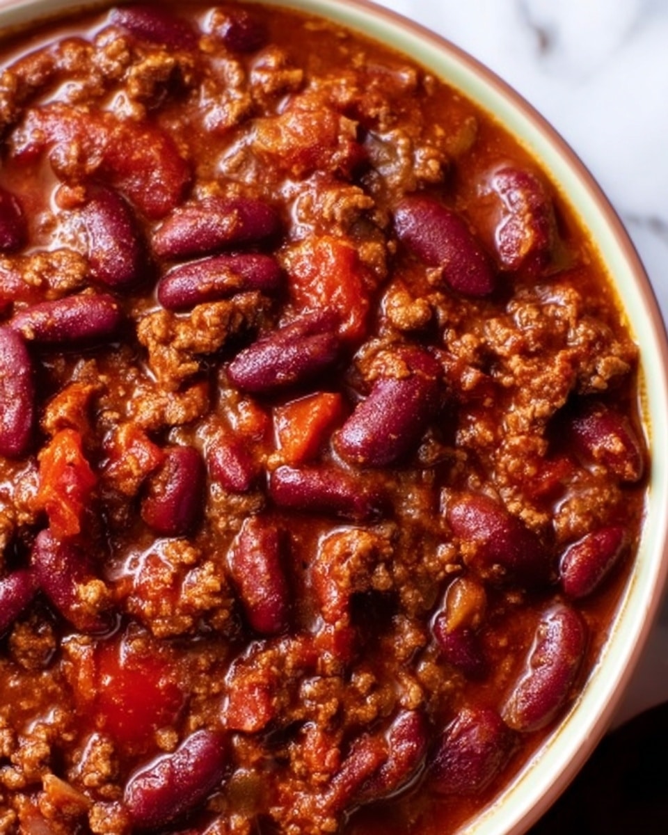 A close-up view of a bowl filled with thick red chili, showing layers of dark red kidney beans and chunky ground meat in a rich, deep red tomato sauce with bits of tomatoes visible throughout. The bowl is white, and the chili has a glossy, slightly textured surface with a hearty and dense look. The background is a white marbled texture. photo taken with an iphone --ar 4:5 --v 7