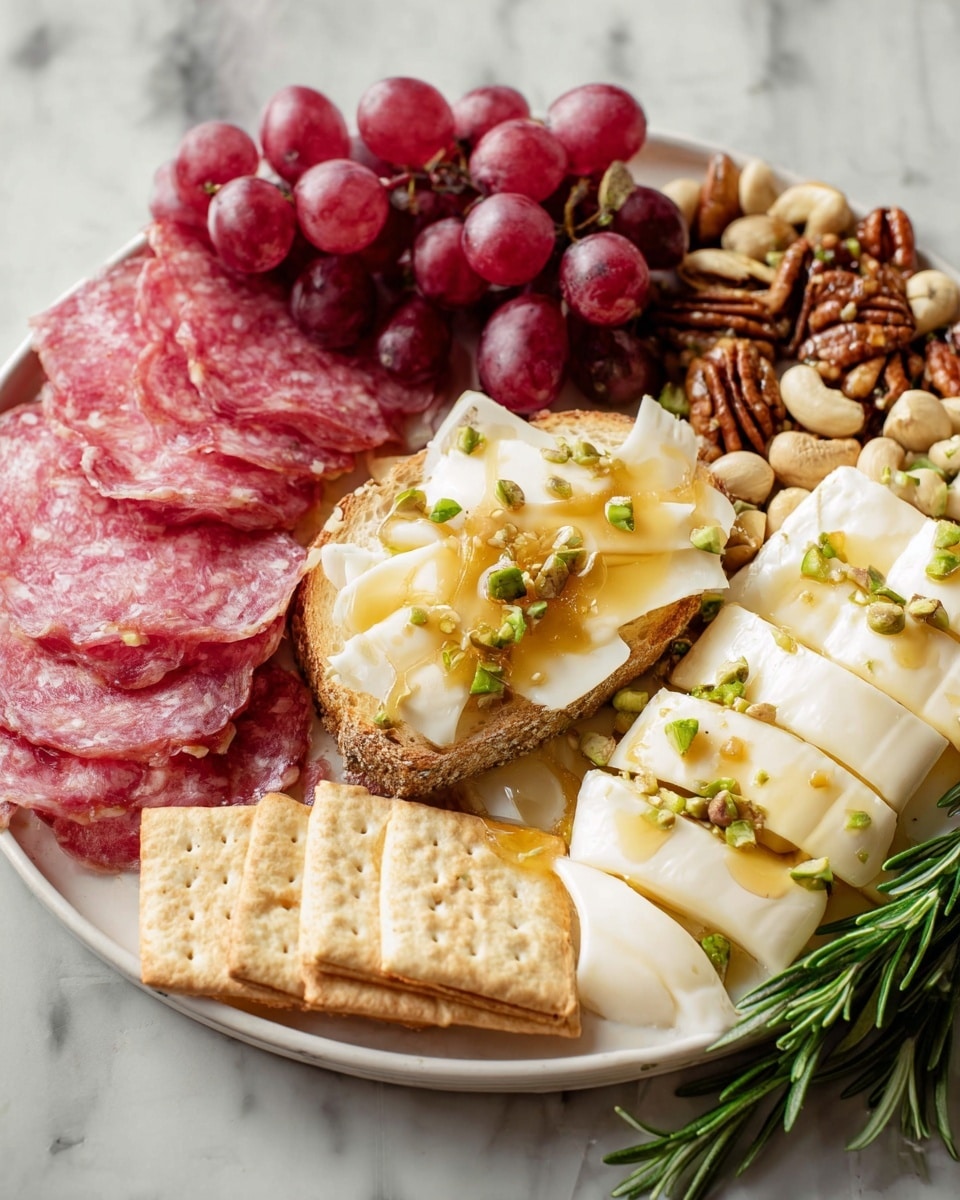 The dish is a white plate filled with different items in layers: on the right, there are soft white cheese slices topped with green pistachios, small herbs, and a drizzle of honey; next to it is a small white bread piece with melted cheese, a drizzle of honey, and a pistachio on top. In front of the bread, there is a stack of square whole wheat crackers with a rough texture. To the left side of the plate, there are folded pink slices of salami arranged in a fan shape. Behind the salami, there are small bunches of red grapes with a shiny skin and some mixed nuts scattered around the plate edges. The background surface has a white marbled texture. Photo taken with an iphone --ar 4:5 --v 7