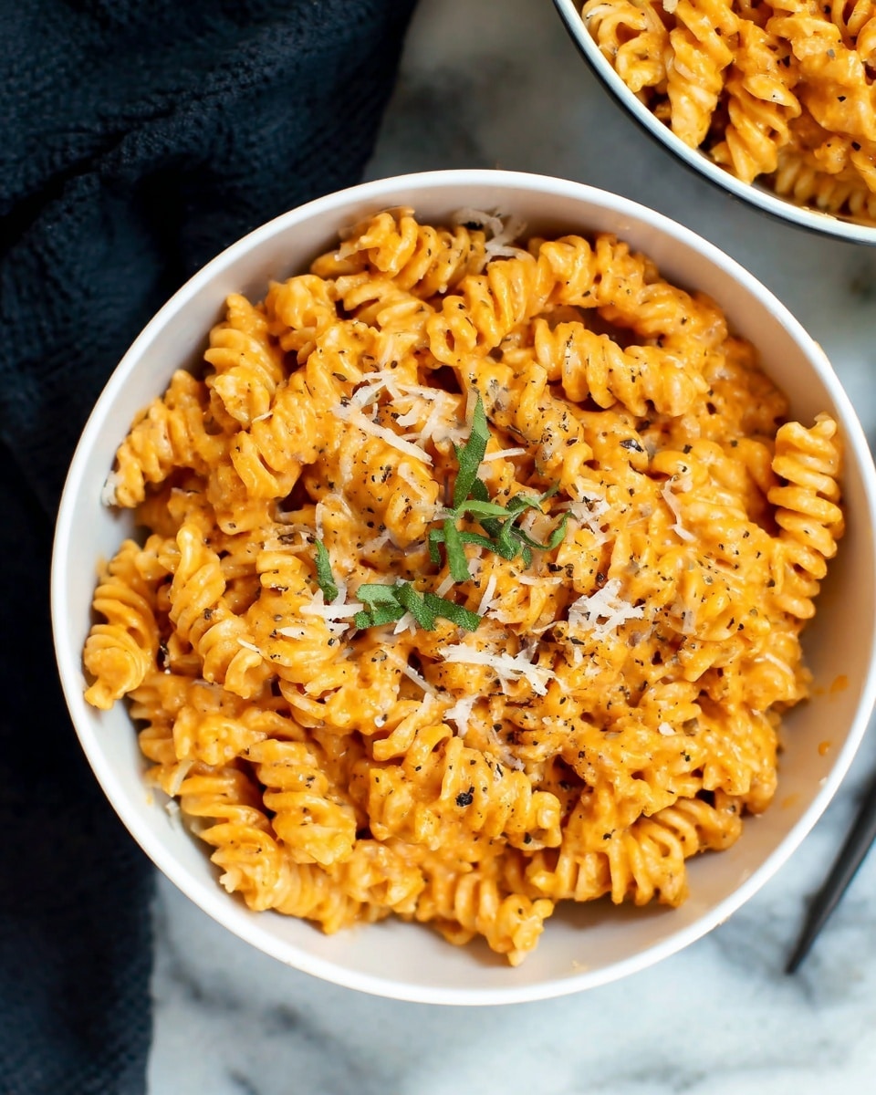 A white bowl filled with short spiral pasta covered in a creamy orange sauce, sprinkled with small bits of grated white cheese and black pepper, with a few green herb leaves on top for color. The pasta is tightly packed and the sauce looks smooth and rich. The bowl is placed on a white marbled surface with a dark cloth partially visible nearby. A small part of another similar bowl is seen in the top right corner. Photo taken with an iphone --ar 4:5 --v 7