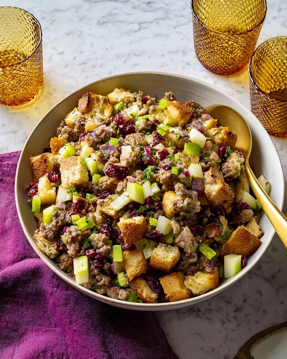 A clear glass bowl on a white marbled surface holds several layers of ingredients side by side but not mixed. There is a layer of cooked ground meat that is brown and crumbly, next to cubes of pale yellow apples, small chunks of light beige bread, and dark red dried cranberries. In the center, there is a pile of bright green chopped herbs sitting on top of the other ingredients. Photo taken with an iphone --ar 4:5 --v 7