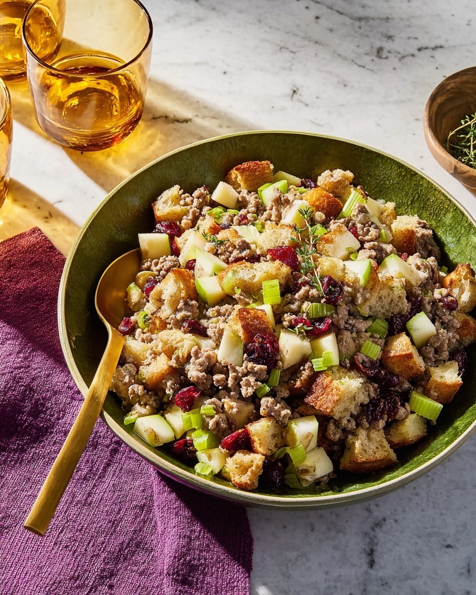 A large green bowl filled with a mix of bread chunks, ground meat, small diced apples, celery slices, and dried cranberries. The bread pieces are light brown with a rough texture, scattered unevenly throughout. The ground meat is a cooked brown color, nestled among the other ingredients. The diced apples are pale yellow, and the celery adds a fresh green crunch, with small pieces of herbs sprinkled on top. A large golden spoon rests inside the bowl on the left side. The bowl is placed on a white marbled surface with two amber glasses and a purple cloth nearby. The photo looks warm and natural, with sunlight casting shadows. photo taken with an iphone --ar 4:5 --v 7