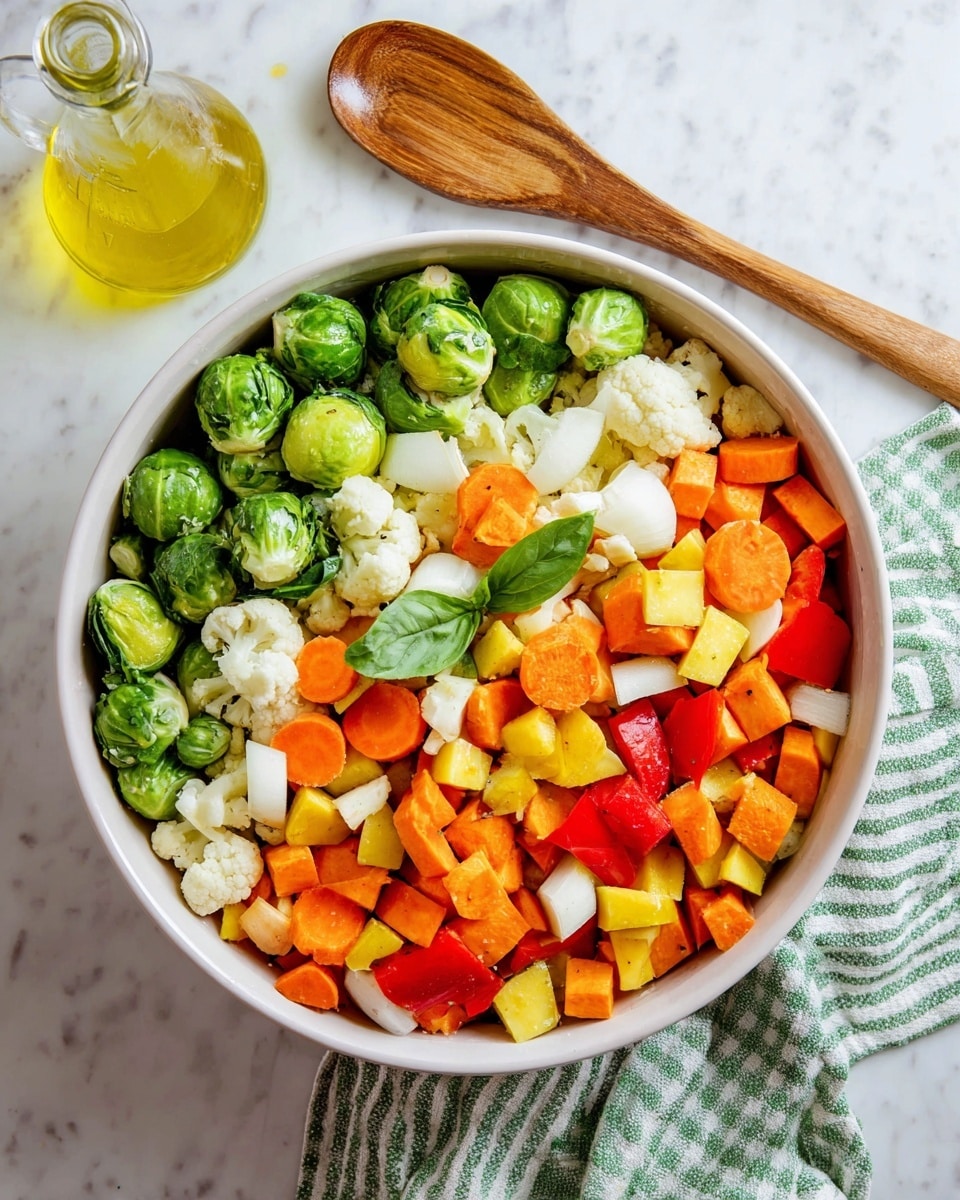 A large black baking tray filled with many roasted vegetables, including green broccoli florets, light beige cauliflower pieces, bright orange carrot slices, small round green Brussels sprouts, yellowish potato chunks, and orange sweet potato cubes. The vegetables are spread evenly and have some browned, crispy edges showing roasting. The tray is set on a white marbled surface with a green and white checkered cloth on the right side and a wooden spoon beside it. Photo taken with an iphone --ar 4:5 --v 7