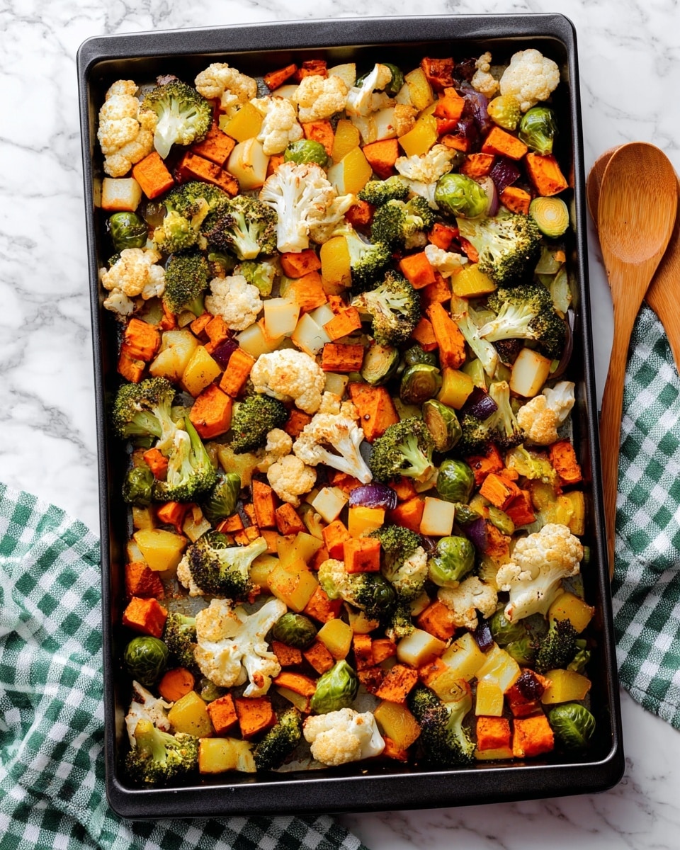 A white bowl filled with a colorful mix of chopped vegetables on a white marbled surface. The vegetable mix has several layers: the top layer includes bright green Brussels sprouts and basil leaves, white cauliflower florets, orange carrot coins, green broccoli florets, and red bell pepper pieces. There are also small cubes of yellow and orange sweet potatoes and some pieces of white onion scattered throughout. A wooden spoon is placed above the bowl on a green and white striped towel, and a glass bottle with yellow oil is partially visible below the bowl. Photo taken with an iphone --ar 4:5 --v 7