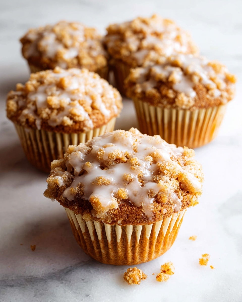 The image shows a white plate with six small muffins arranged closely on it. Each muffin has two visible layers: a golden brown crumbly top layer with a coarse texture, and a slightly darker, moist base layer beneath. The muffins are generously drizzled with a shiny white glaze that runs slightly down their sides and onto the plate, creating small pools and streaks. The background surface is a white marbled texture, and there are a few crumb pieces scattered around the plate. photo taken with an iphone --ar 4:5 --v 7