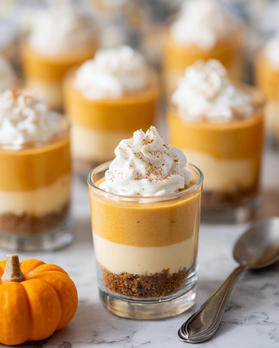 A small clear cup holds a three-layer dessert with a bottom layer of crumbly brown crust, a middle layer of smooth light orange pumpkin mousse, and a top layer of white whipped cream with a sprinkle of light brown spice. The dessert cups are arranged on a white marbled surface, with an orange mini pumpkin slightly blurred in the back and a silver spoon to the right. More identical dessert cups can be seen in the background on a soft white marbled surface, creating a cozy fall atmosphere. photo taken with an iphone --ar 4:5 --v 7