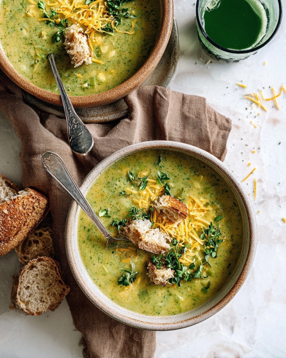 A close-up view of a bowl of creamy green soup with a smooth texture, topped with shredded yellow cheese, small pieces of green herbs, and chunks of light brown bread on top. The soup fills the bowl almost to the edge, with the toppings scattered evenly across the surface. The bowl is white with a thin dark rim, placed on a soft, folded brown cloth. The background is a white marbled surface with part of another similar bowl visible in the back and a round dark object on the side, with soft natural lighting highlighting the colors and textures of the dish. Photo taken with an iphone --ar 4:5 --v 7