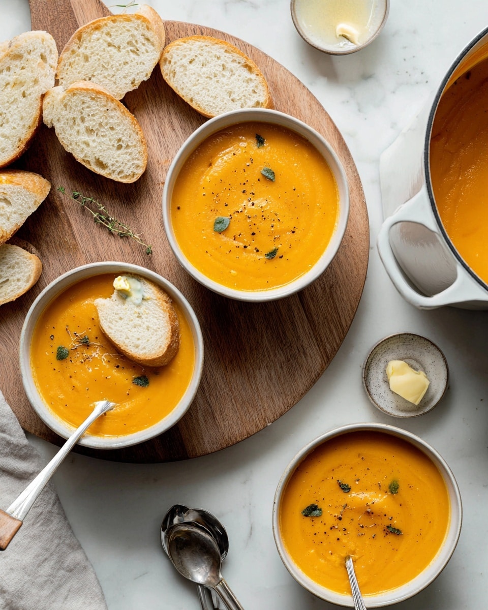 A white pot filled with thick bright orange soup sits on a white marbled surface. The soup is smooth and creamy with small green herb leaves and black pepper sprinkled on top. Next to the pot is a wooden spoon that has some of the soup on it. A white lid with a handle rests nearby, and a soft white cloth is on the right side of the scene. In the upper part of the image, white stacked bowls are partly visible. Photo taken with an iphone --ar 4:5 --v 7