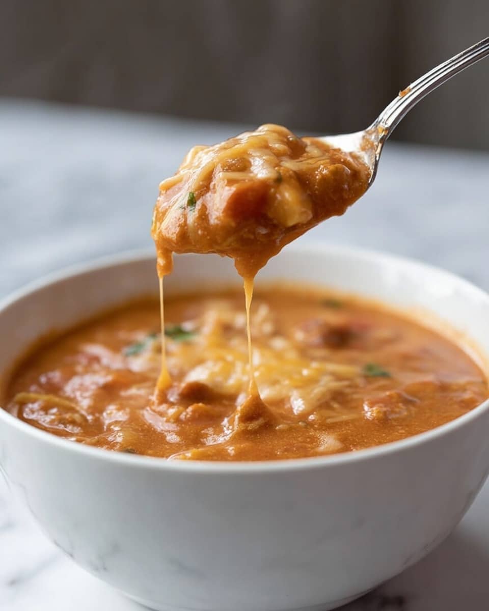 A close-up of a thick soup in a white bowl resting on a white marbled surface, showing a spoon lifting a chunky, orange-brown mixture with melted cheese strings stretching down from it. The soup has visible pieces of ingredients like mushrooms and herbs, giving it a textured, hearty look with a smooth, creamy surface underneath. The background is softly blurred, focusing attention on the rich, dense consistency of the soup in the bowl and on the spoon. Photo taken with an iphone --ar 4:5 --v 7