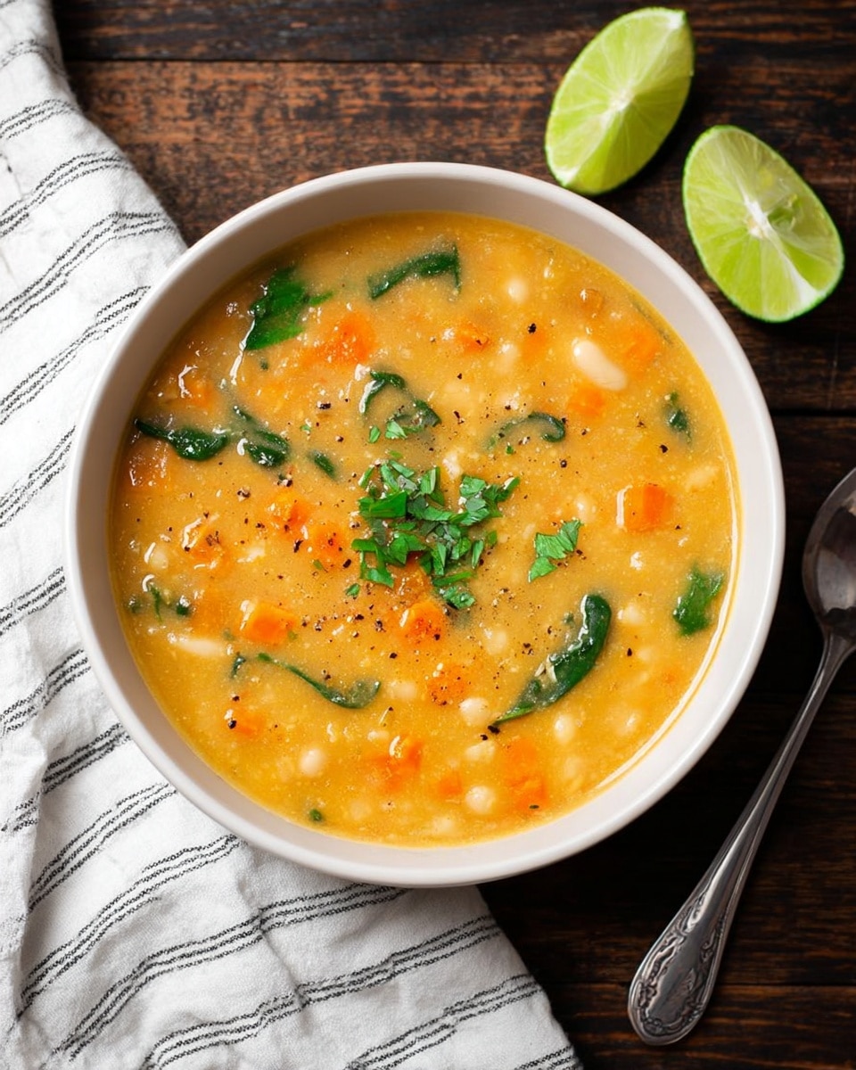 A white bowl holds a warm, thick soup with an orange-yellow base, filled with small orange cubes, green spinach leaves, and tiny bits of white vegetable, all topped with black pepper and parsley leaves. The bowl sits on a dark wooden surface with a silver spoon beside it and a white cloth with black stripes on one side. Two lime halves with pale green insides are placed near the bowl. photo taken with an iphone --ar 4:5 --v 7
