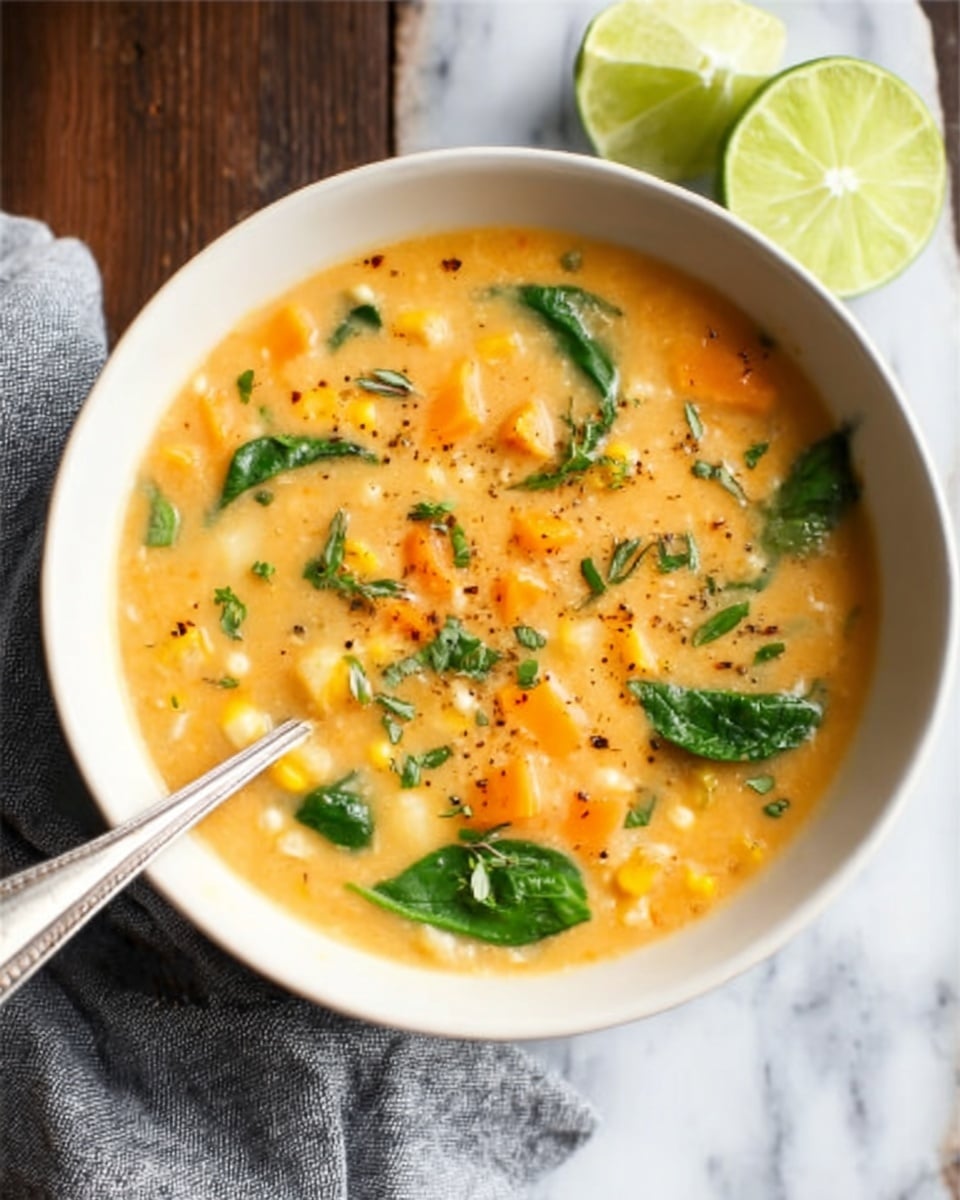 A white bowl filled with a creamy soup that has visible chunks of orange sweet potato and white potato, bright green spinach leaves floating on top, and small bits of herbs sprinkled over the surface. The soup has a smooth, thick texture with a slightly shiny finish. A silver spoon with a white handle is placed inside the bowl on the right side. The bowl sits on a dark wooden table with a white marbled surface underneath, and there are two lime halves placed near the top left corner. A blue-gray cloth is slightly bunched up at the bottom left of the image. Photo taken with an iphone --ar 4:5 --v 7