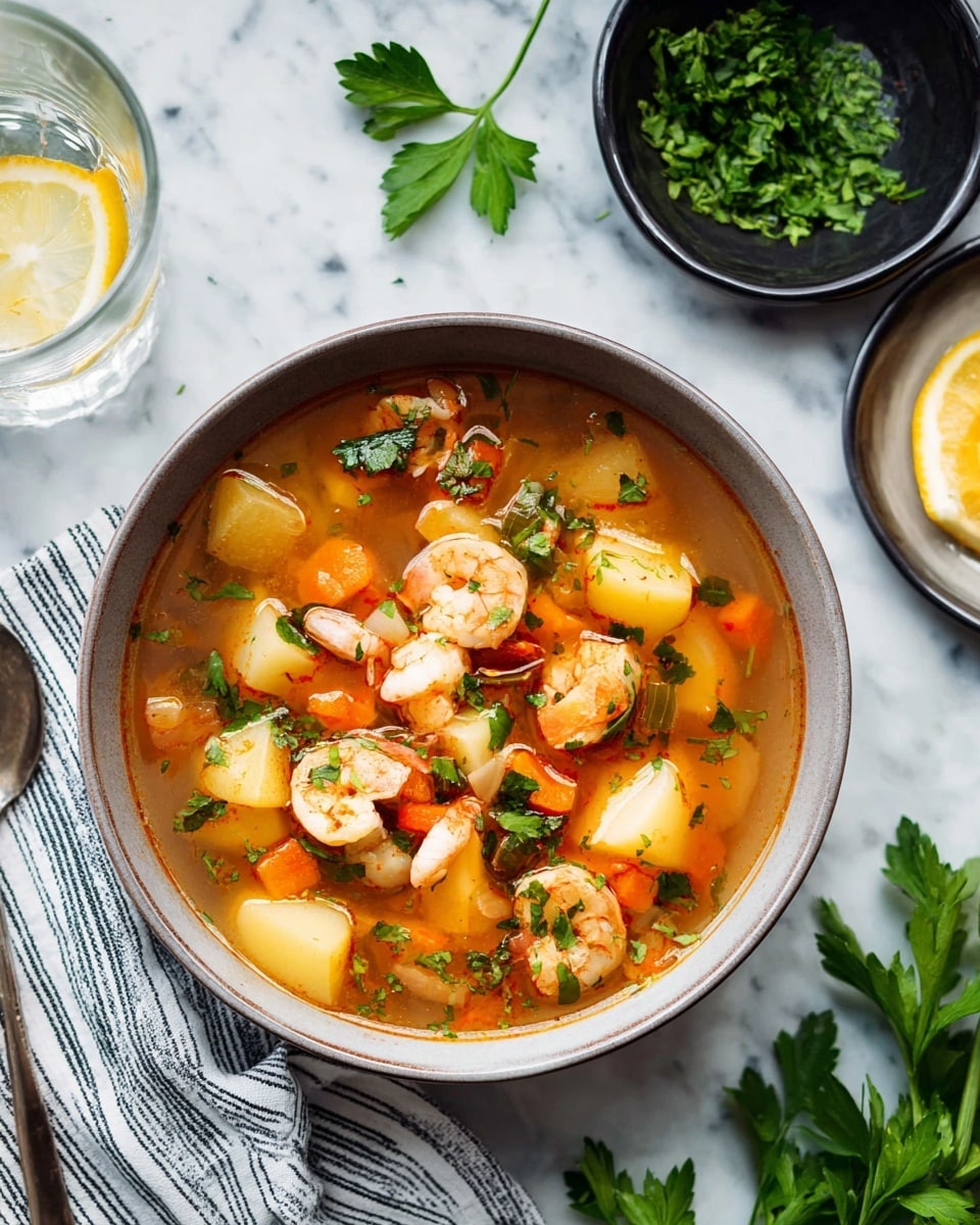 A large white bowl filled with a thick soup showing three visible layers: the base layer is a light orange broth with small herbs, the middle layer contains yellow potato chunks and orange carrot pieces, and the top layer includes whole pink shrimp and white fish chunks, all sprinkled with fresh green parsley leaves. The bowl sits on a white marbled surface, beside a small black bowl of fresh green parsley, a striped blue and white cloth with a silver spoon, and a clear glass with a lemon slice. The scene is bright and clean, focusing closely on the food. Photo taken with an iphone --ar 4:5 --v 7