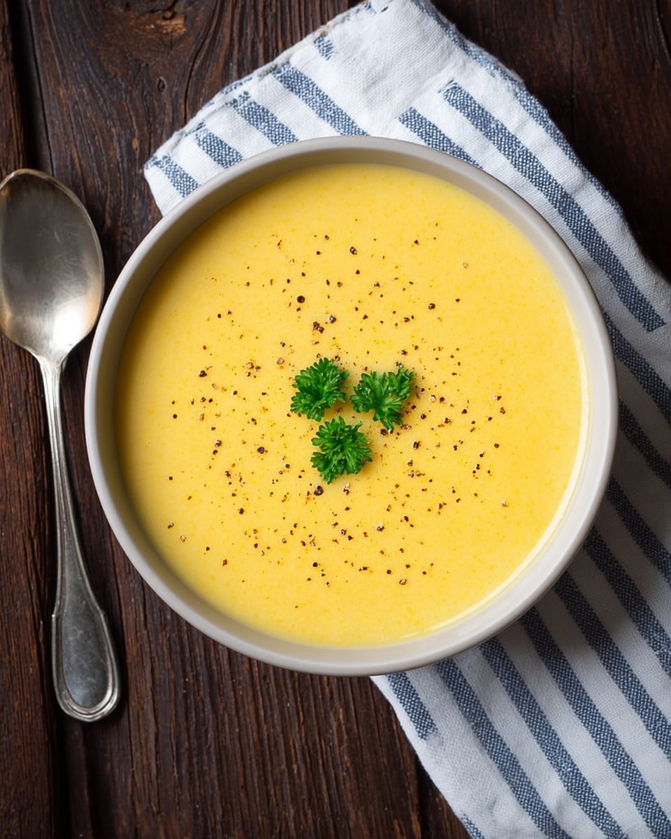 A white bowl filled with smooth, creamy yellow soup that covers the entire inside of the bowl. The soup is topped with small dark specks of black pepper and a small cluster of green parsley leaves right in the center. The bowl sits on a dark wooden surface with a metal spoon placed to the left side. In the top left corner, a blue and white striped cloth is partially visible. photo taken with an iphone --ar 4:5 --v 7