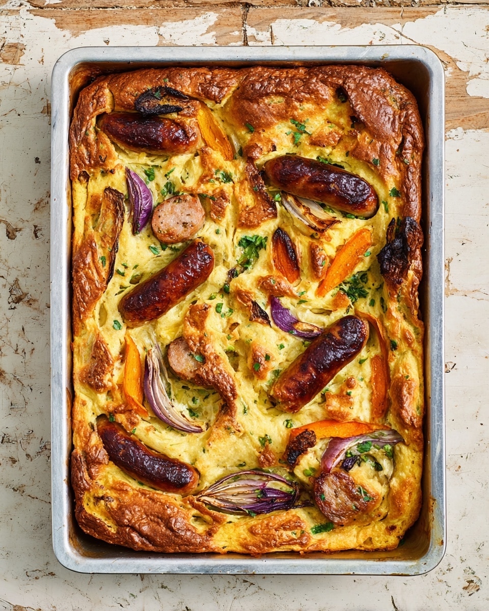A white rectangular baking dish filled with a golden brown baked base that looks soft and slightly puffy, topped with multiple browned sausages evenly spread across the dish. There are bright red cherry tomatoes scattered between the sausages, along with pieces of vibrant orange carrot, green broccolini stalks, and wedges of purple-red onion. Fresh green rosemary sprigs are placed on top, adding a touch of herb detail. The dish is on a wooden surface with warm tones, creating a cozy feel. photo taken with an iphone --ar 4:5 --v 7