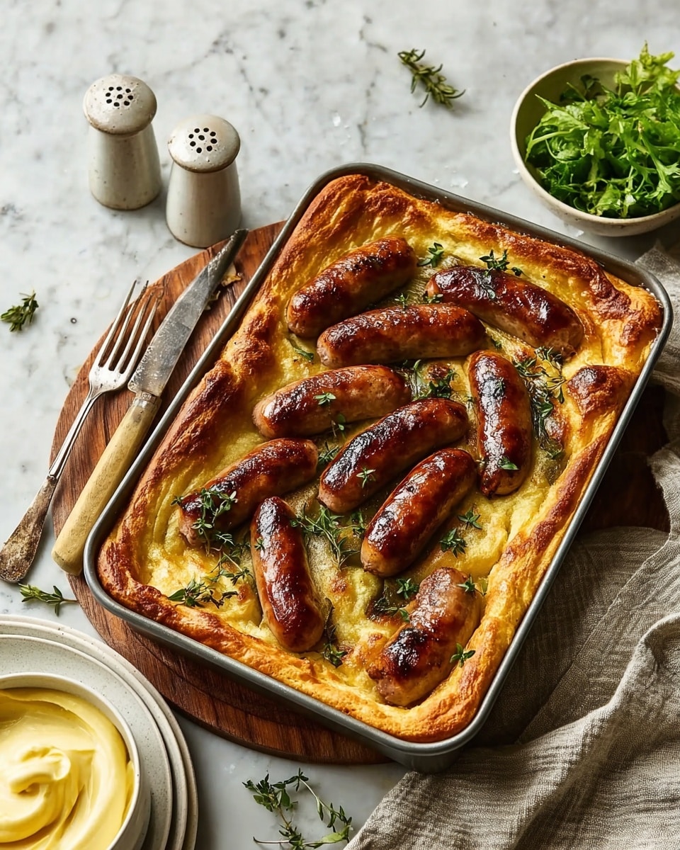 The image shows a baked dish inside a silver rectangular tray filled with a golden-brown, fluffy layer that looks like a thick pancake or bread batter. Embedded in the top layer are browned sausages with a shiny, caramelized surface, dark purple roasted onion wedges, and orange roasted carrot pieces, all slightly sinking into the batter. The edges of the dish are puffy and crisp, rising above the tray’s rim. The dish sits on a white marbled surface with a weathered, rustic look under the tray. photo taken with an iphone --ar 4:5 --v 7