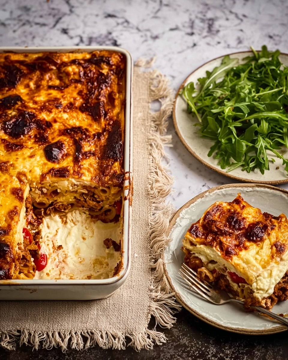 A white rectangular baked dish holds a layered pasta casserole with a golden brown top layer of melted cheese that has some darker, crispy spots. The middle layer shows cooked pasta mixed with a red tomato sauce and bits of meat, visible where a portion has been scooped out with a silver spoon resting in the dish. To the side, a white oval plate contains a serving of the casserole next to fresh green arugula leaves. The scene is set on a dark textured surface with a white marbled background, creating a rustic and inviting look. Photo taken with an iphone --ar 4:5 --v 7