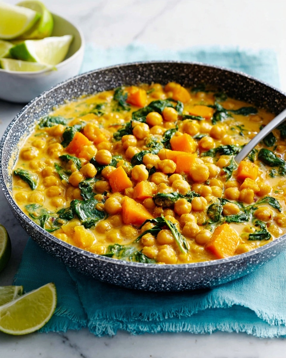 The image shows a deep frying pan filled with a thick yellow curry made of chickpeas and orange chunks, possibly squash or sweet potato, mixed with wilted dark green leafy vegetables. The curry has a smooth, creamy texture with visible chickpeas scattered evenly throughout. The pan is dark with a speckled pattern and is placed on a light blue cloth over a white marbled surface. In the background, there is a white bowl with green lime wedges, and more lime wedges are placed beside the pan on the white marbled surface. A silver spoon is resting inside the curry. Photo taken with an iphone --ar 4:5 --v 7