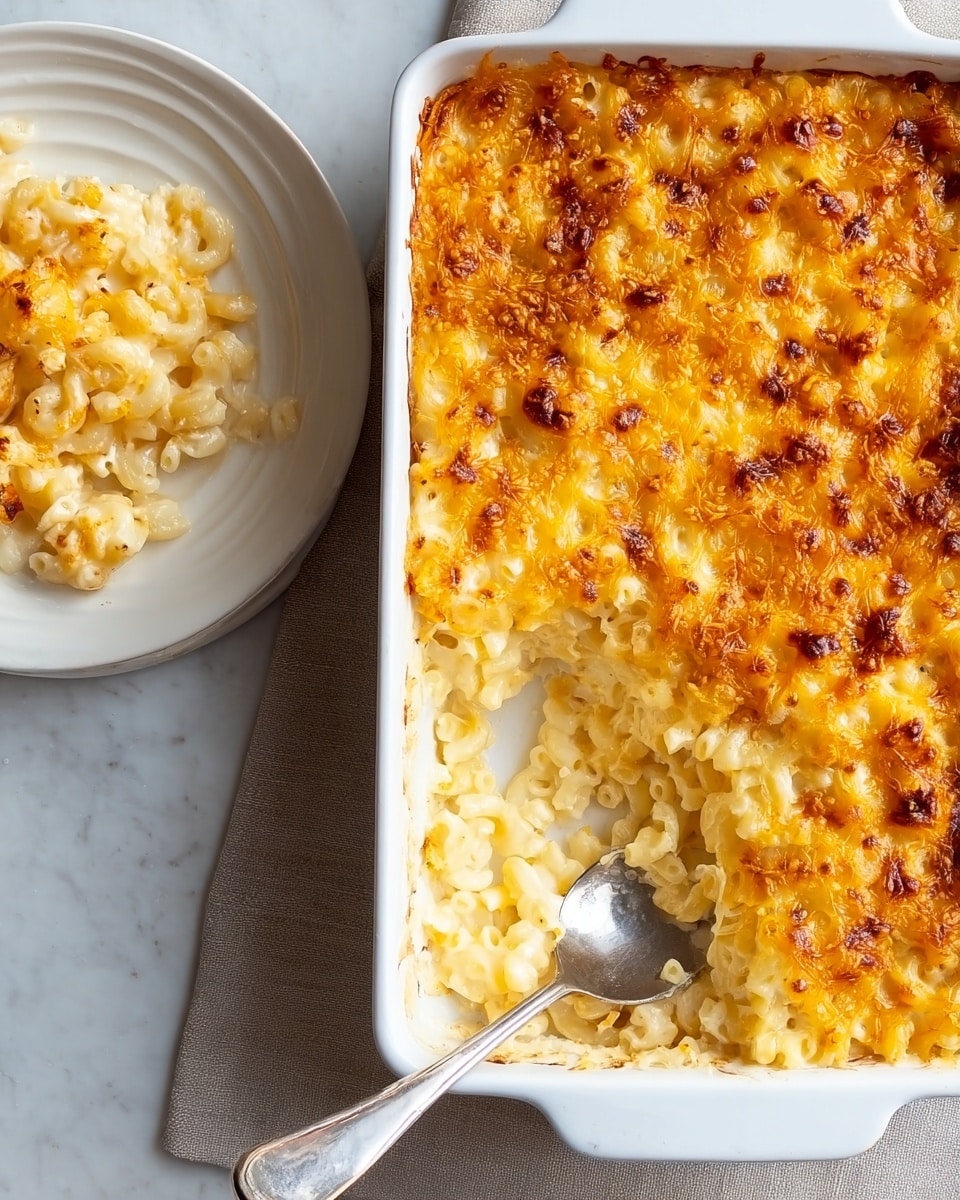 A white rectangular baking dish filled with macaroni and cheese, showing a thick, bubbly golden-brown top layer with slightly crispy edges. Underneath the top layer, a creamy, smooth white cheese sauce mixes with elbow macaroni, appearing soft and tender. A spoon with some macaroni and cheese, creamy with melted cheese, rests on the edge of a white plate. The background is a white marbled texture with a gray linen cloth beneath the baking dish. Photo taken with an iphone --ar 4:5 --v 7
