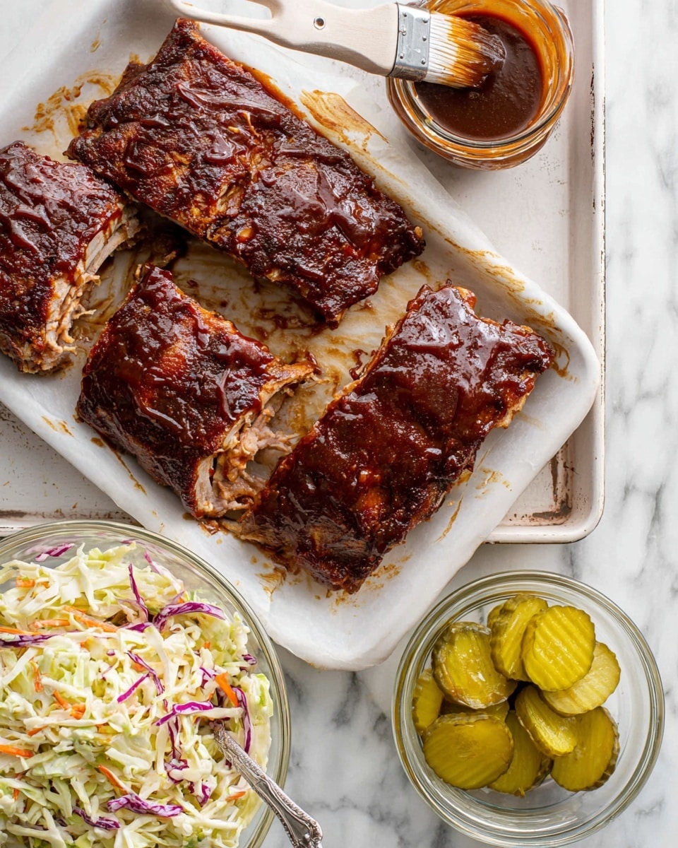 A beige baking tray lined with white parchment paper holds a rack of cooked ribs that have been mostly eaten, leaving several light brown rib bones and some pieces of dark brown, slightly crispy meat with a shiny glaze spread around. In the top left corner of the tray, there is a small clear glass bowl filled with dark reddish-brown barbecue sauce, and a wooden-handled brush with white bristles resting in the sauce. The scene is set on a white marbled surface, with a crumpled blue cloth partially visible on the right side. Photo taken with an iphone --ar 4:5 --v 7