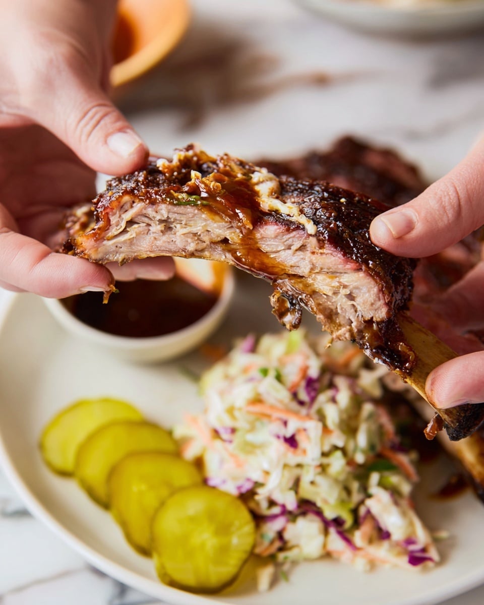 A close-up image showing a woman's hand pulling apart a cooked rib with tender pink meat inside and a well-seasoned, slightly crispy outer layer. The rib bone is white and visible in the center. The rib is over a white plate that has some yellow pickle slices on the left and creamy coleslaw with green, purple, and orange pieces on the bottom. In the blurred background, there is a small bowl with brown sauce. The whole scene is set on a white marbled surface. Photo taken with an iphone --ar 4:5 --v 7