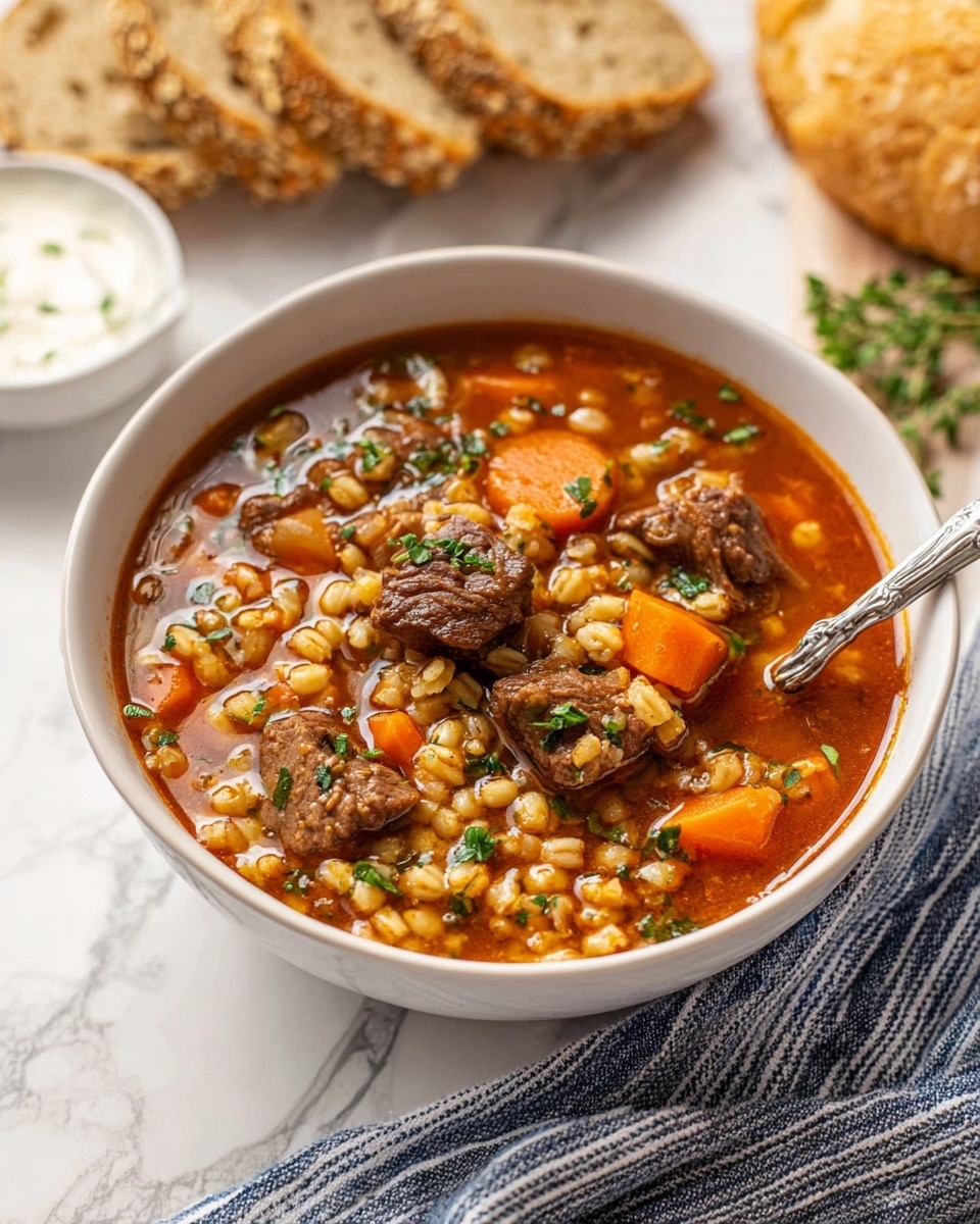 A white bowl filled with beef barley soup sits on a white marbled surface. The soup has a rich brown broth with visible layers of small chunks of dark brown beef, orange carrot pieces, pale barley grains, and green herbs sprinkled on top. Around the bowl, there are two pieces of sliced bread with a golden crust covered in black and white seeds. A blue and white striped cloth napkin is placed nearby, and some green leafy herbs are visible on the right side. Part of a white slow cooker pot is seen in the top left corner. Photo taken with an iphone --ar 4:5 --v 7