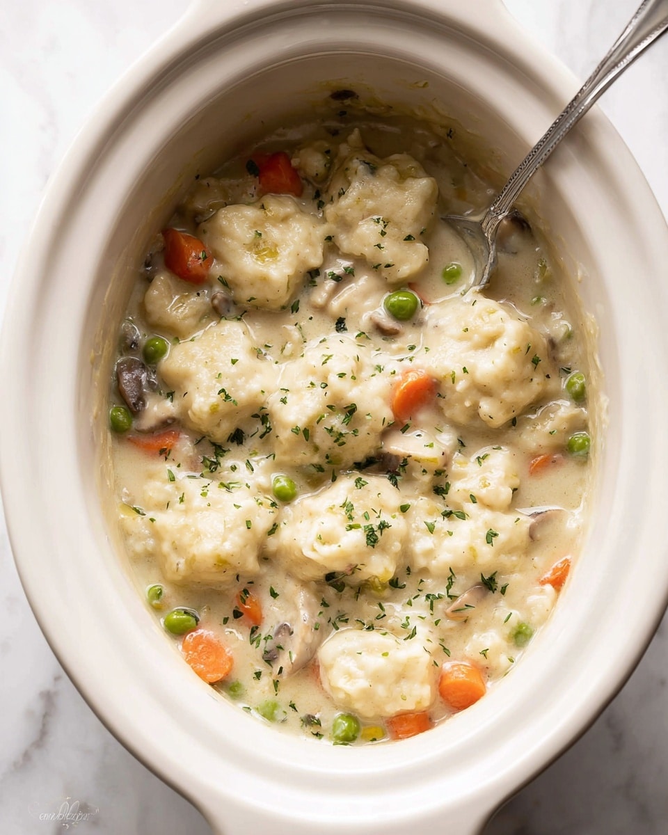 A close-up view of a creamy stew in a white crockpot with a spoon inside, showing soft, thick dumplings in a light beige sauce filled with small orange carrot slices, green peas, and chunks of brown mushrooms mixed throughout. The stew is sprinkled with small green herb bits, giving a fresh look. The texture looks rich and thick, with the dumplings being puffy and uneven in shape, sitting on top of the vegetable-filled sauce. The crockpot rests on a white marbled surface. Photo taken with an iphone --ar 4:5 --v 7